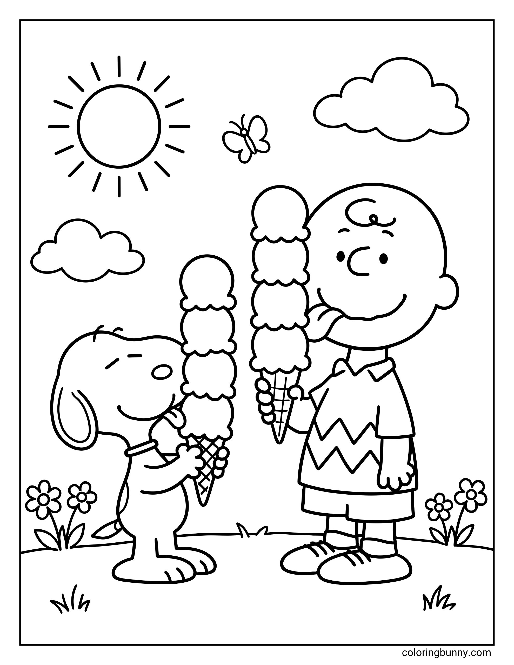 Snoopy coloring page featuring the Peanuts characters Snoopy and Charlie Brown holding tall triple-scoop ice cream cones outdoors, with flowers, clouds, a butterfly, grass, and sunshine in the background.