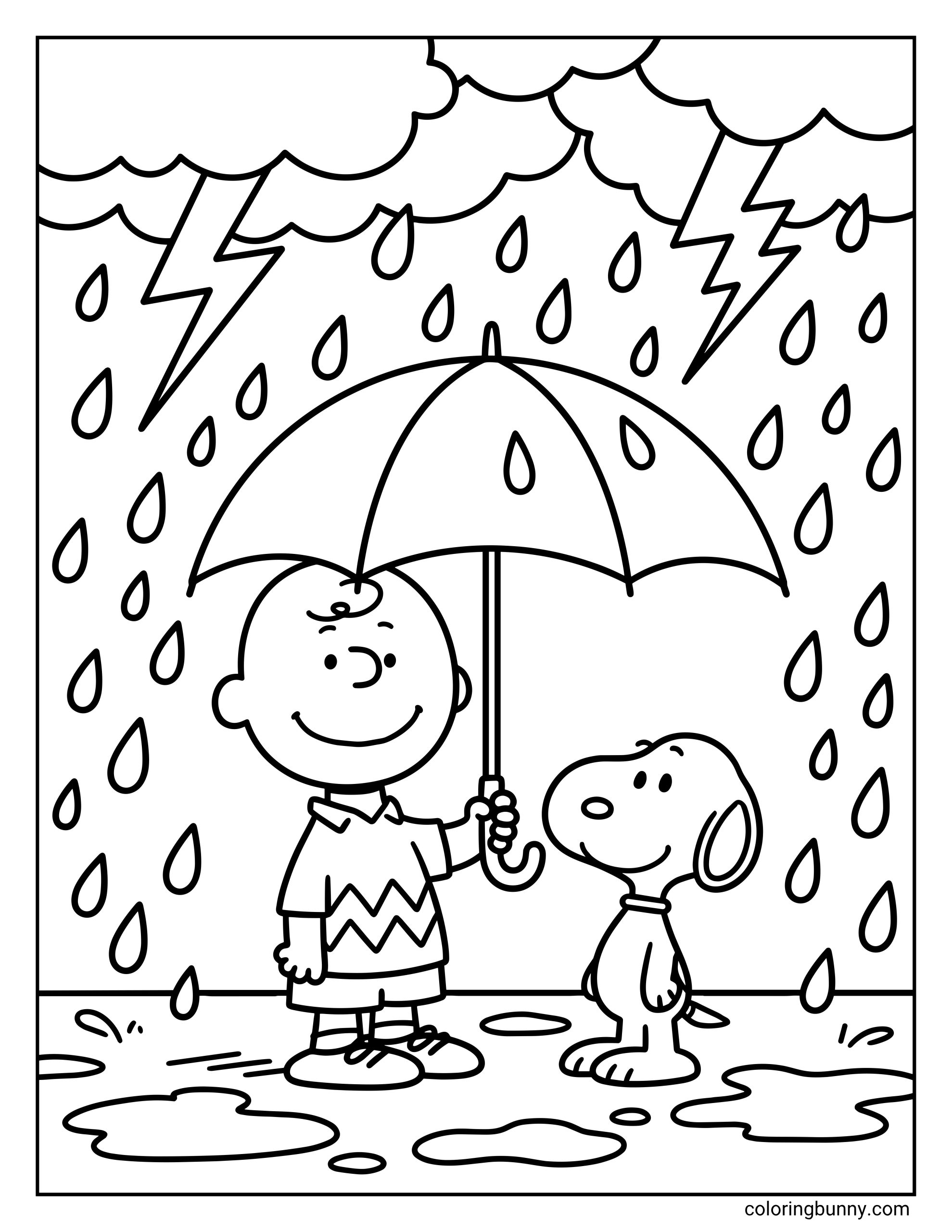 Snoopy coloring page featuring the Peanuts characters Charlie Brown and Snoopy standing together in the rain under a large umbrella, with raindrops, puddles, storm clouds, and lightning bolts around them.