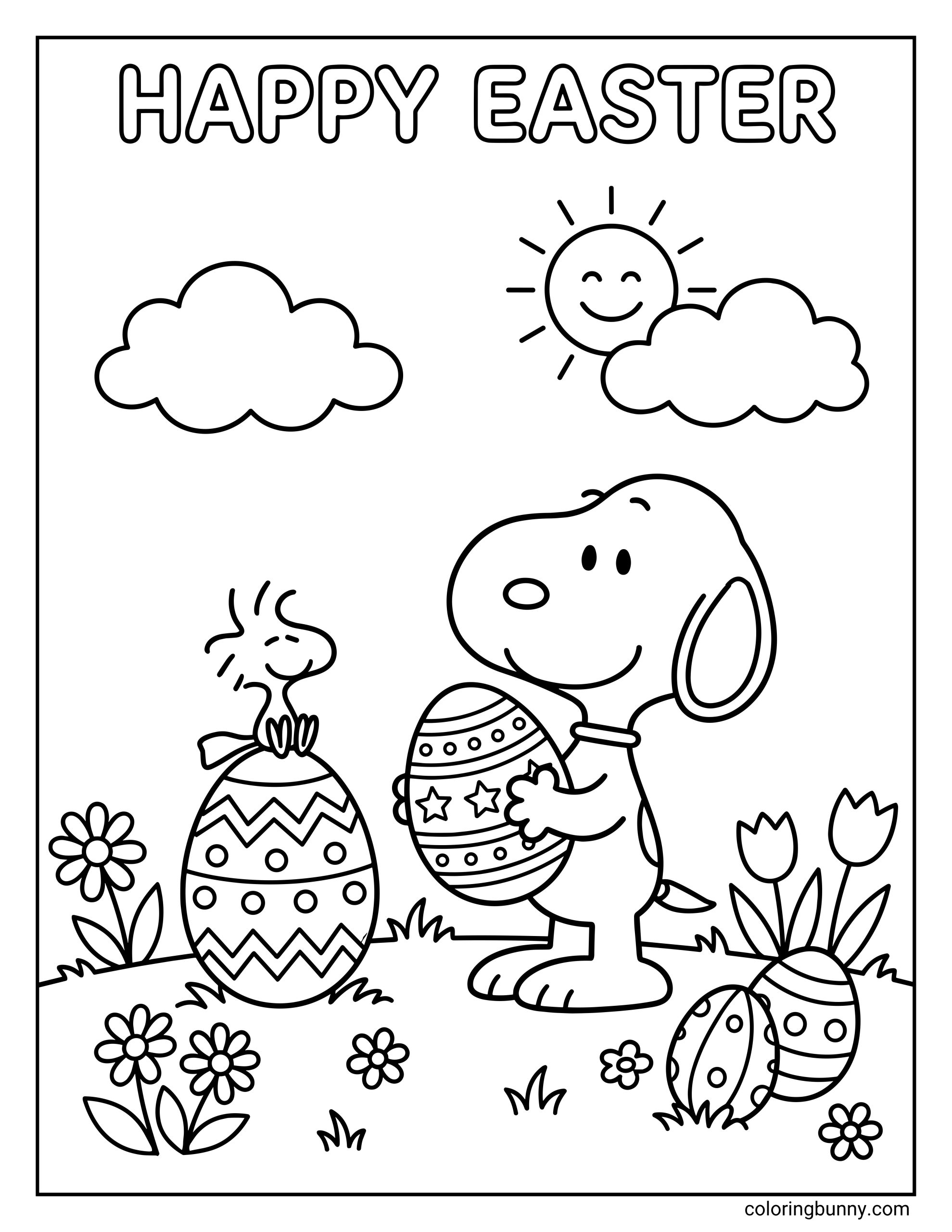 Snoopy and Woodstock Easter coloring page showing Snoopy holding a decorated Easter egg, with Woodstock perched on another patterned egg, flowers, grass, tulips, clouds, a smiling sun, and the words “HAPPY EASTER” at the top.
