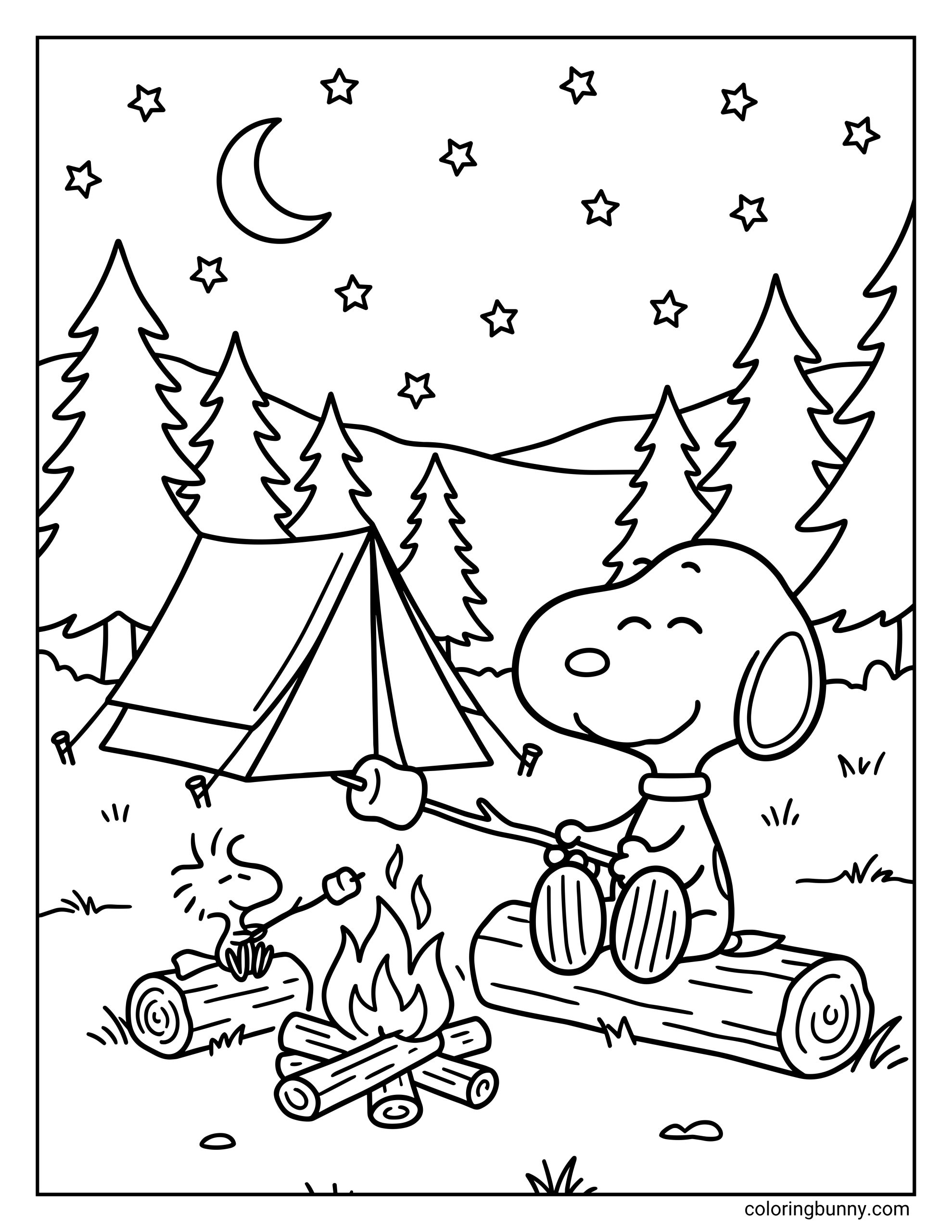 Snoopy coloring page featuring the Peanuts characters Snoopy and Woodstock camping at night, with Snoopy sitting on a log by a campfire, Woodstock roasting a marshmallow, a tent, pine trees, stars, and a crescent moon in the background.