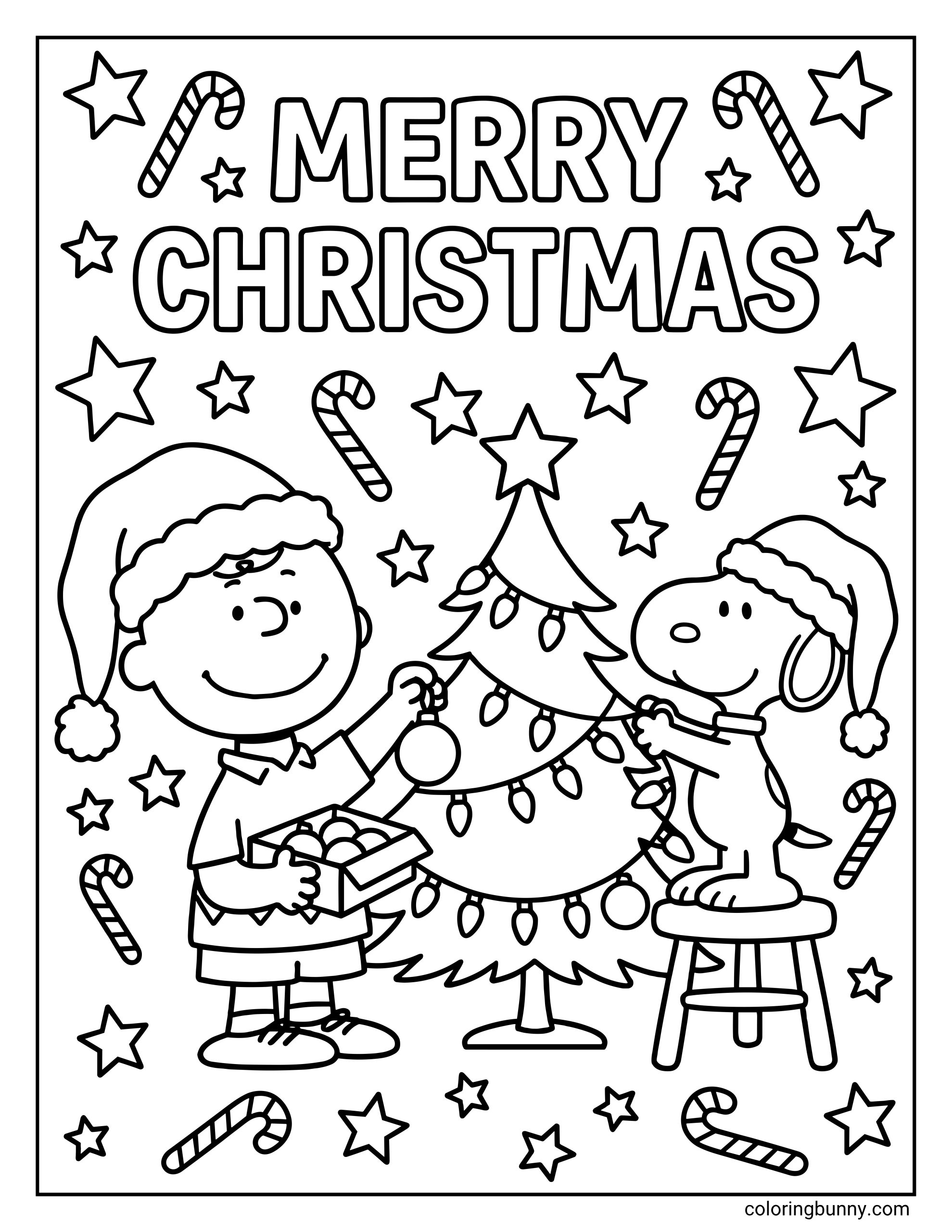Snoopy Christmas coloring page featuring the Peanuts characters Snoopy and Charlie Brown decorating a Christmas tree, with both wearing Santa hats, surrounded by stars, candy canes, ornaments, and the words “MERRY CHRISTMAS” at the top.