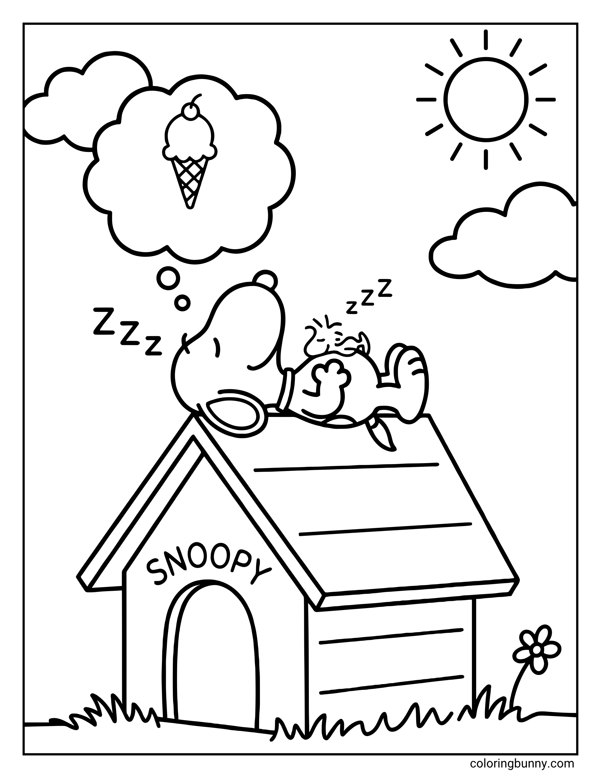 A simple coloring sheet of Snoopy and Woodstock asleep on the doghouse roof, with Snoopy dreaming about an ice cream cone inside a cloud-shaped thought bubble and a plain sunny background.