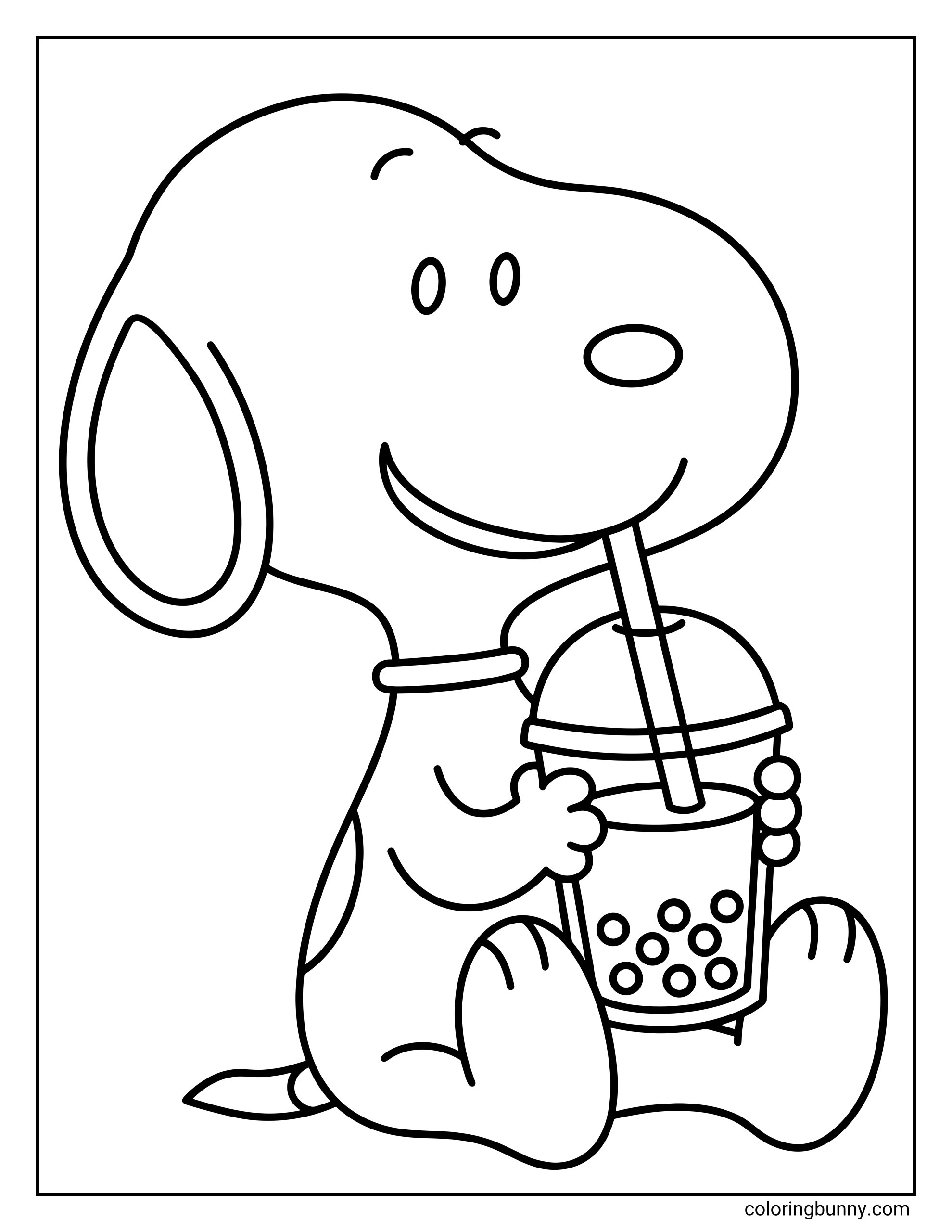 Snoopy drinking boba tea coloring page showing the Peanuts character seated on the ground with a bubble tea cup, a domed lid, a thick straw, and visible tapioca pearls.