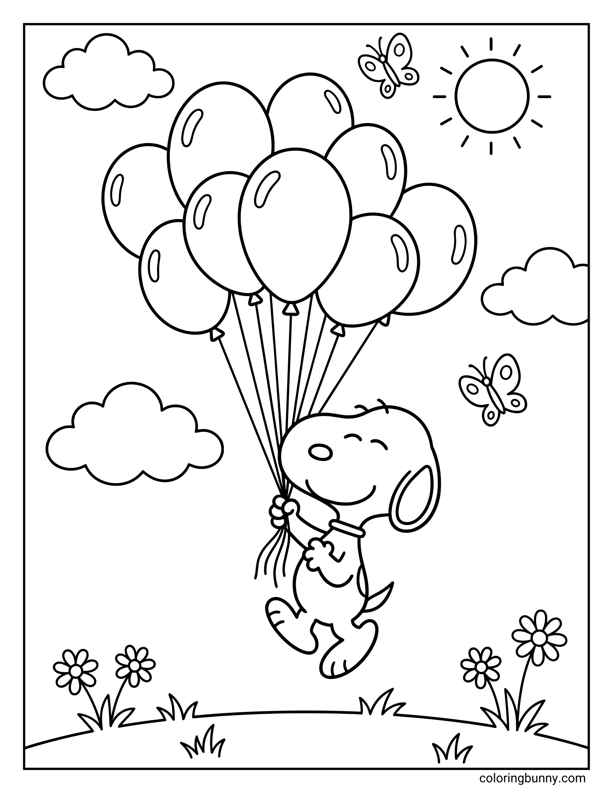 A coloring page of Snoopy floating through the air with a large bundle of balloons, surrounded by clouds, butterflies, flowers, and a sunny outdoor background.