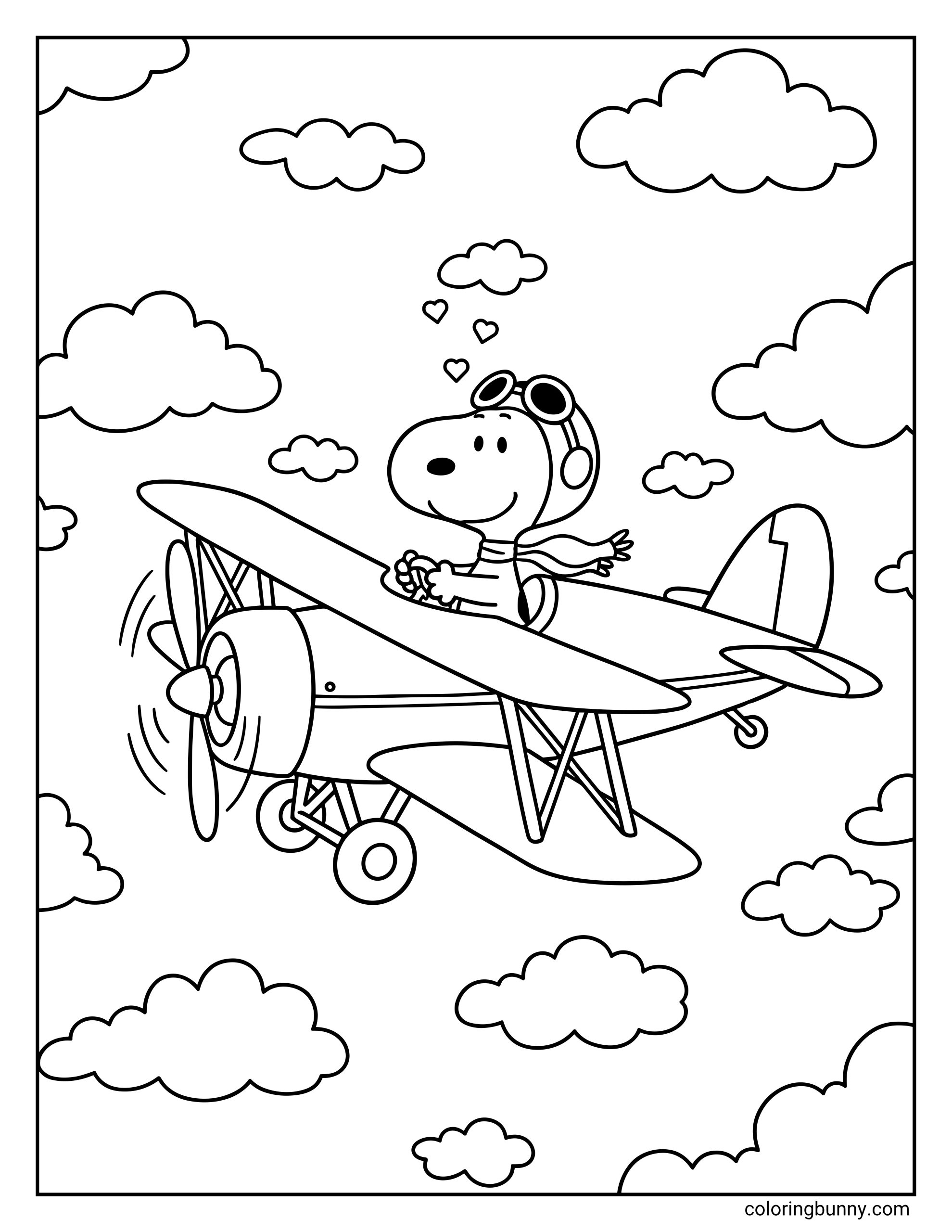 Snoopy coloring page featuring the Peanuts character Snoopy flying a small propeller airplane through the sky, wearing aviator goggles and a scarf, with fluffy clouds all around him.