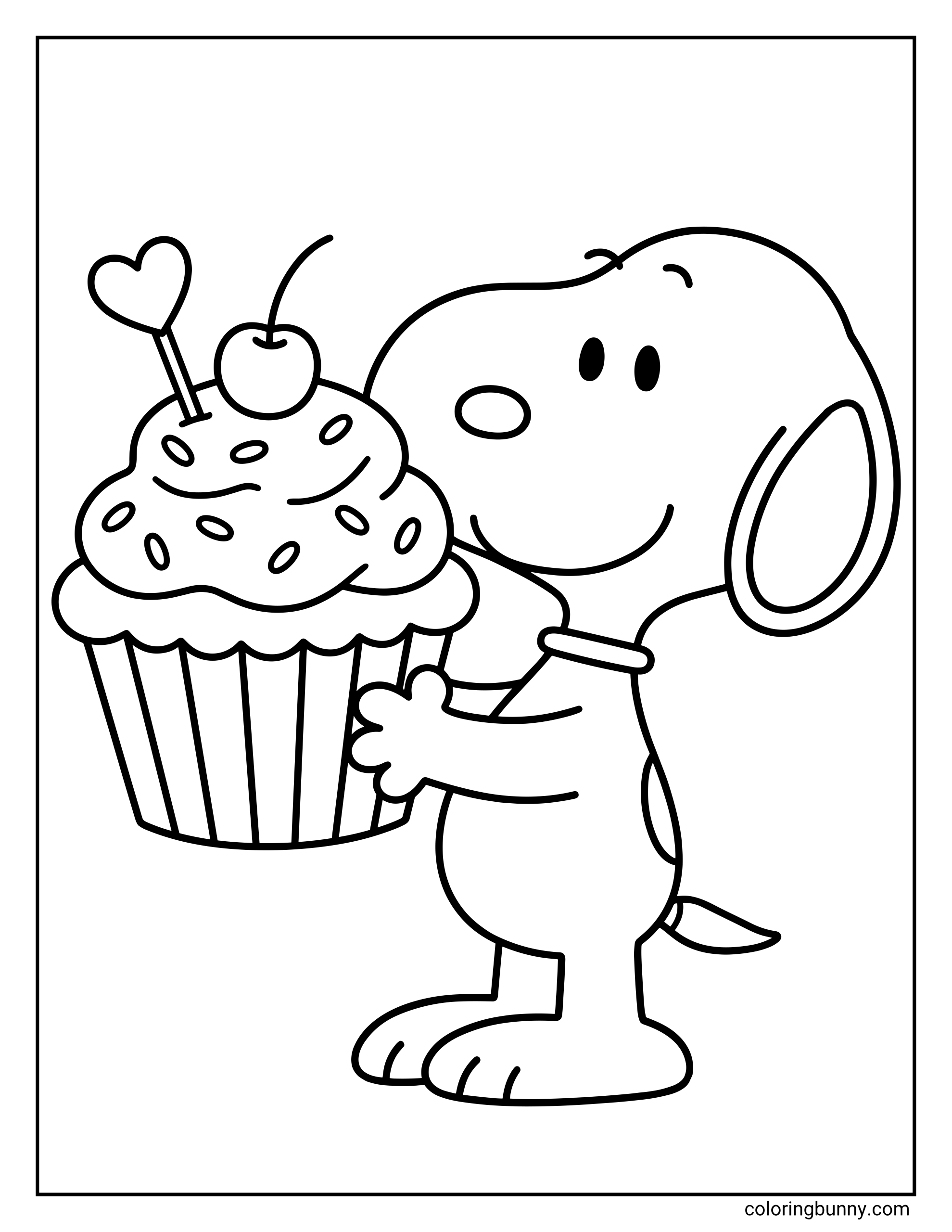 Snoopy holding a cupcake coloring page showing the Peanuts character standing with a jumbo cupcake, topped with frosting, sprinkles, a cherry, and a heart decoration in bold black outlines.