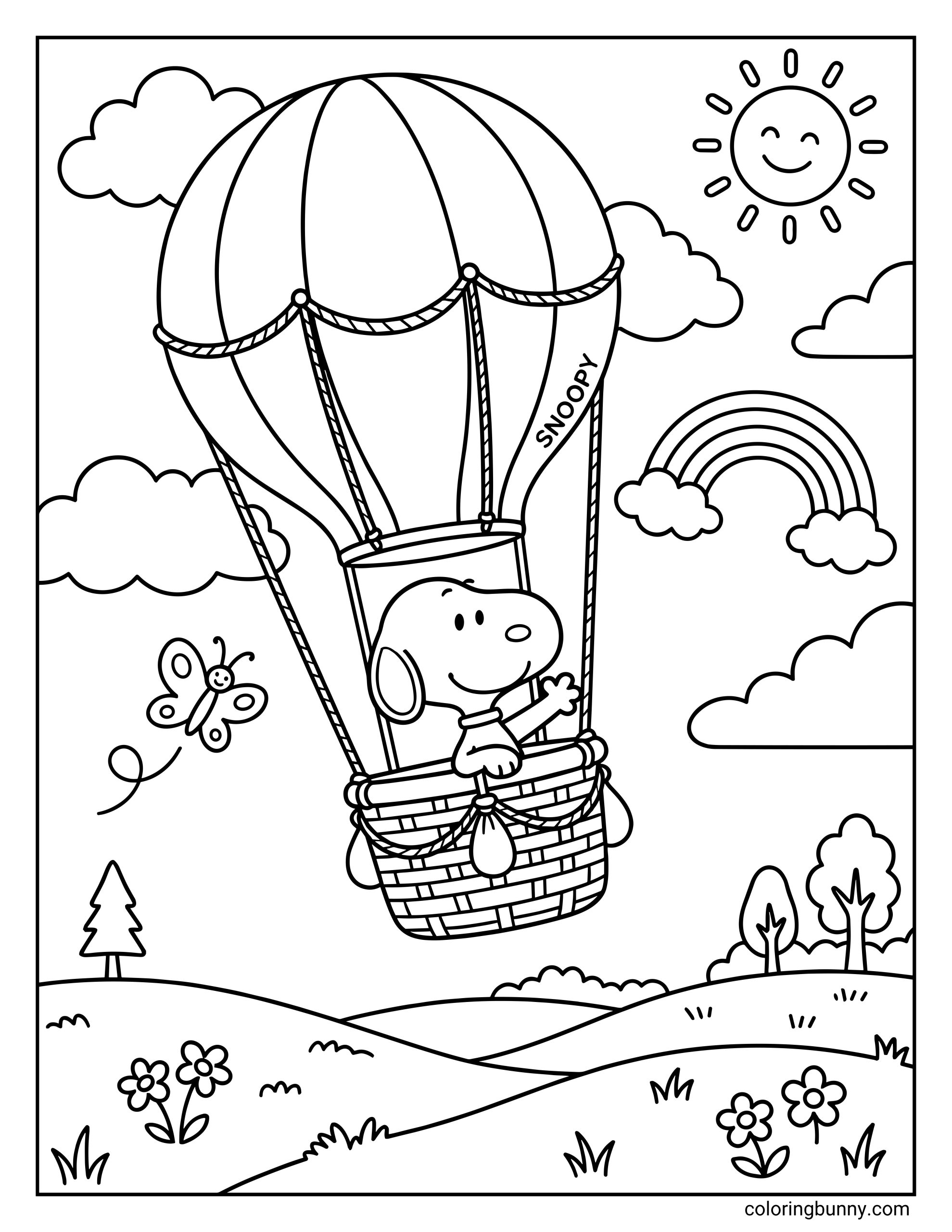 Snoopy coloring page featuring the Peanuts character Snoopy riding in a hot air balloon, floating above rolling hills with clouds, a rainbow, a butterfly, trees, flowers, and a smiling sun.