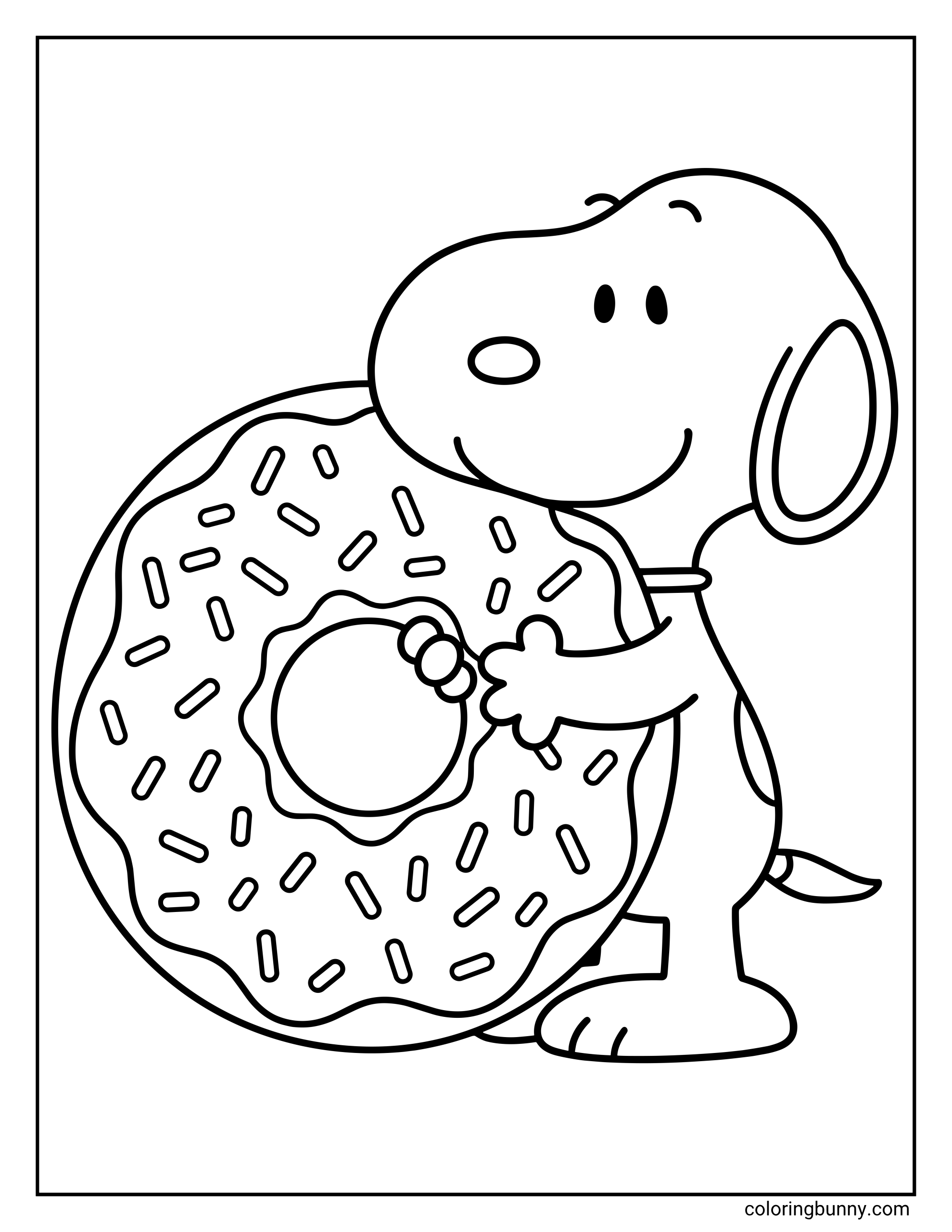 Snoopy donut coloring page showing the Peanuts character hugging a large round donut with frosting, sprinkles, and a center hole, with no extra background details.