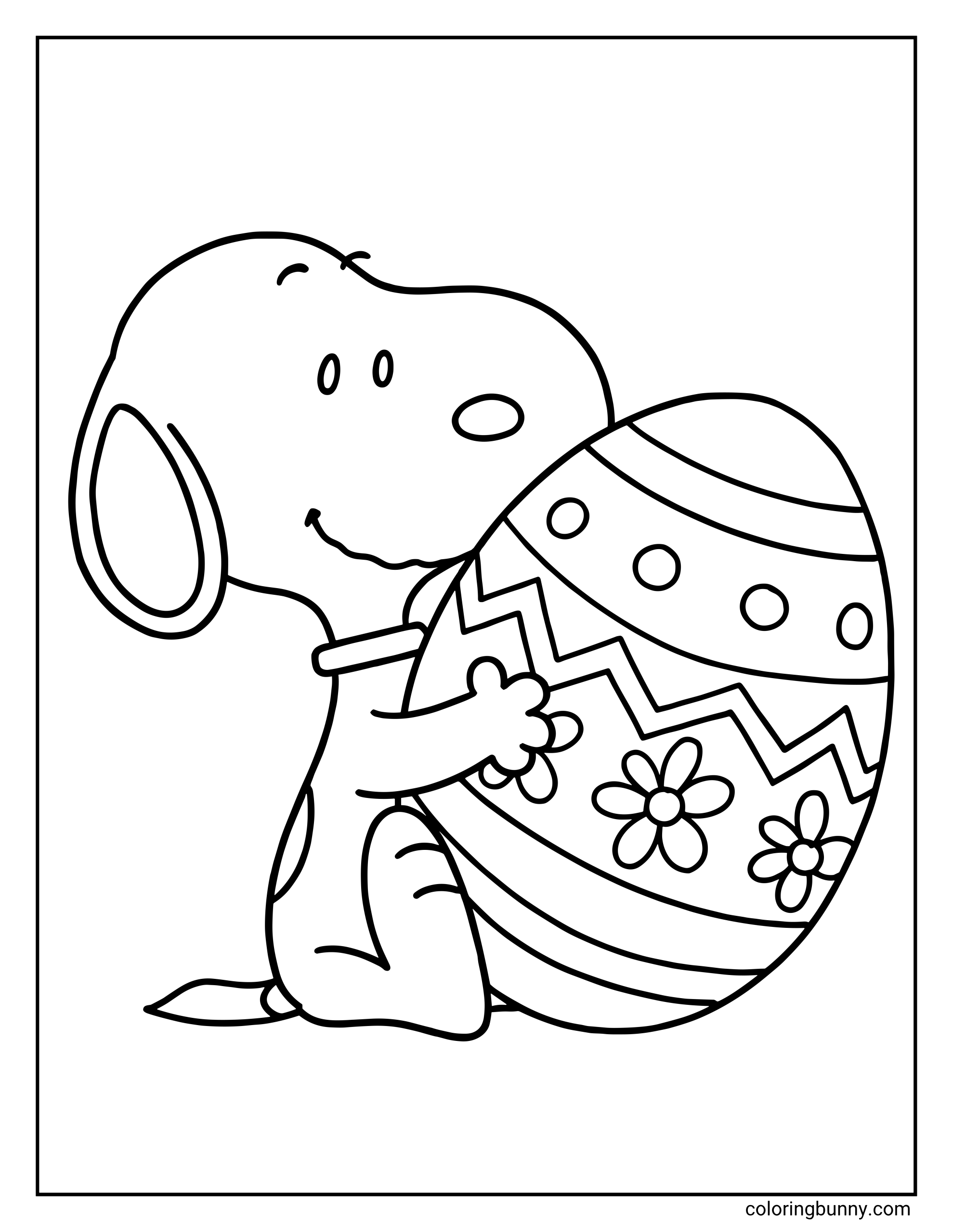 A kids coloring page of Snoopy cuddling a large patterned Easter egg, featuring flower details, dotted bands, zigzag lines, and a simple blank background.