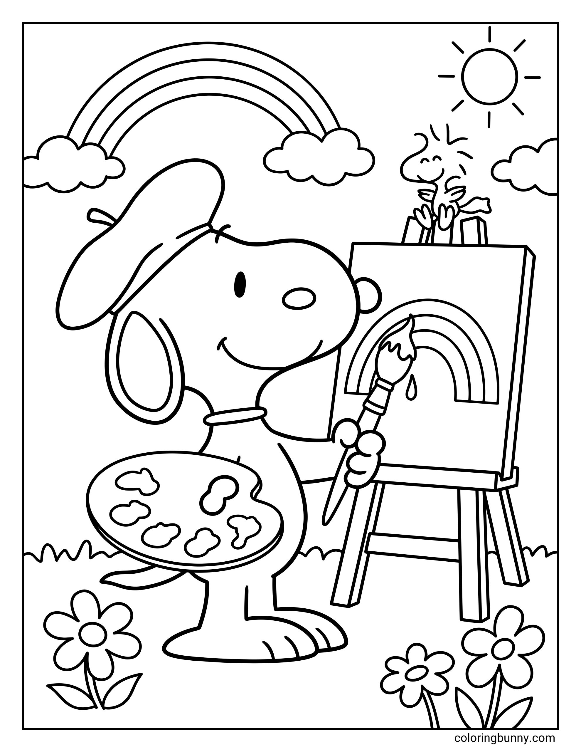 Cute coloring page of Snoopy painting a rainbow outdoors, showing Snoopy in a beret with an artist palette, a canvas on an easel, Woodstock sitting on top, and a sunny sky with clouds and flowers.