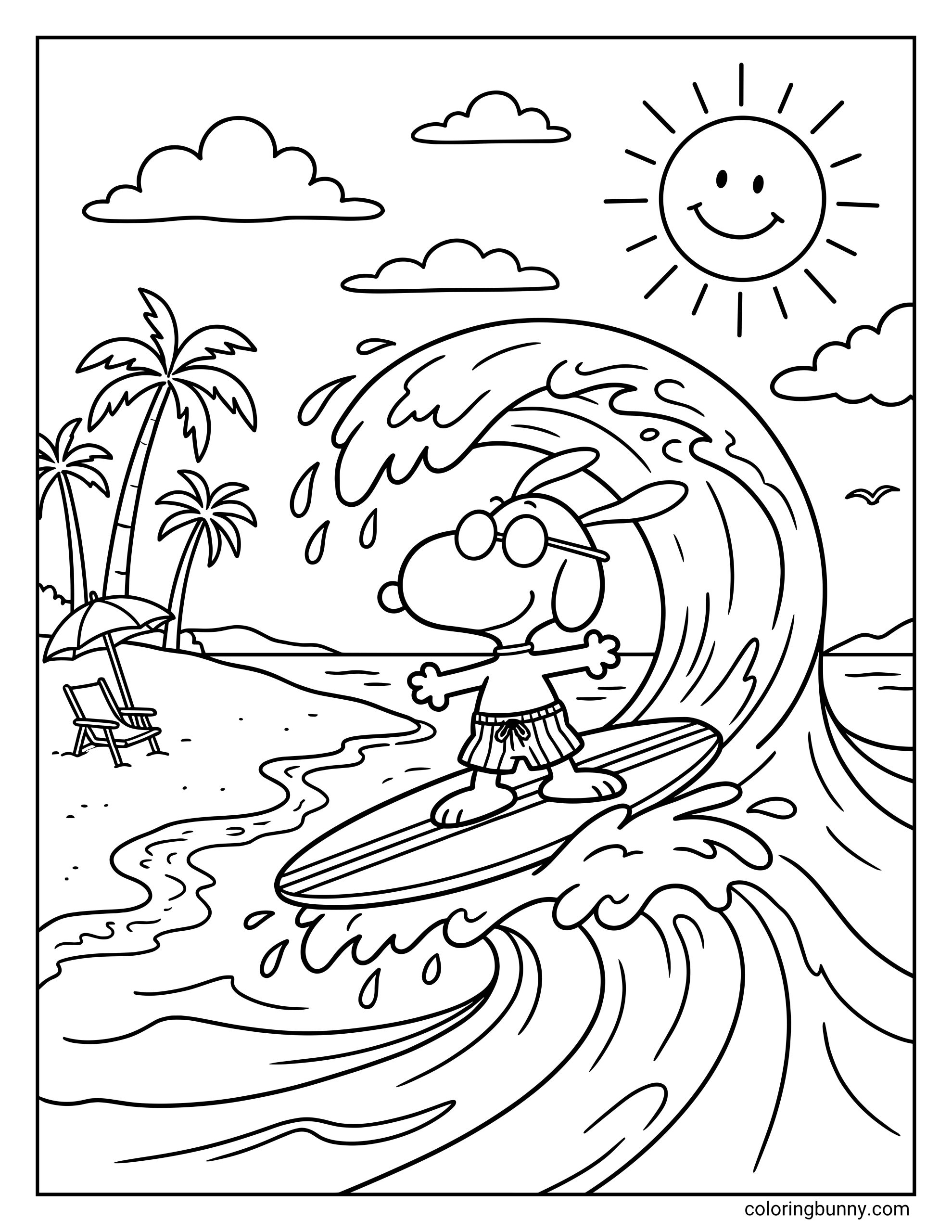 A cute coloring page of Snoopy surfing at the beach, showing him riding a big wave in sunglasses and swim trunks, with palm trees, shoreline, ocean, clouds, and a sunny sky.