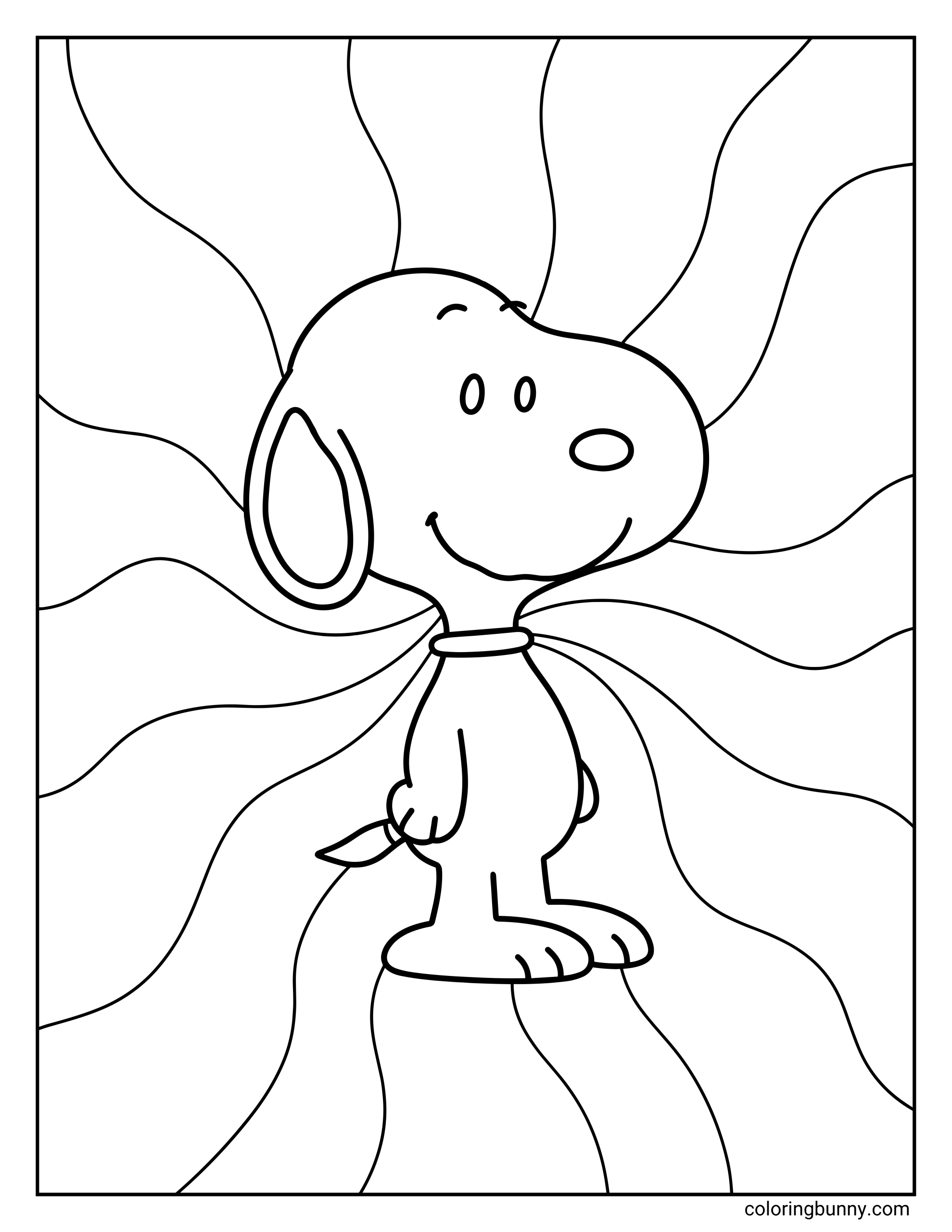 A kids coloring page of Snoopy standing upright in front of a full-page background of flowing wavy lines, with a clean open design and no other objects around him.