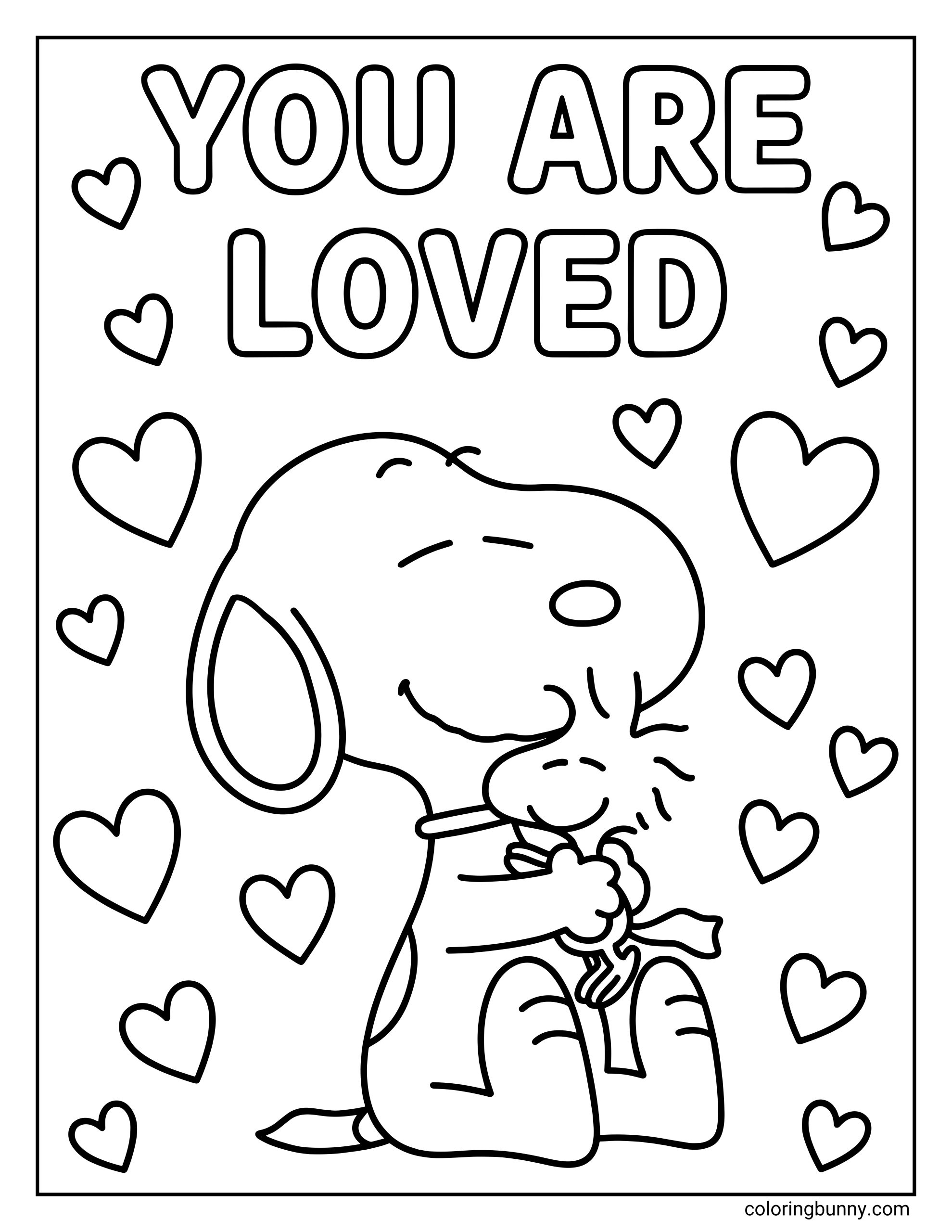 A coloring page of Snoopy hugging Woodstock beneath the phrase “YOU ARE LOVED,” with hearts of different sizes scattered around them in a full-page design.