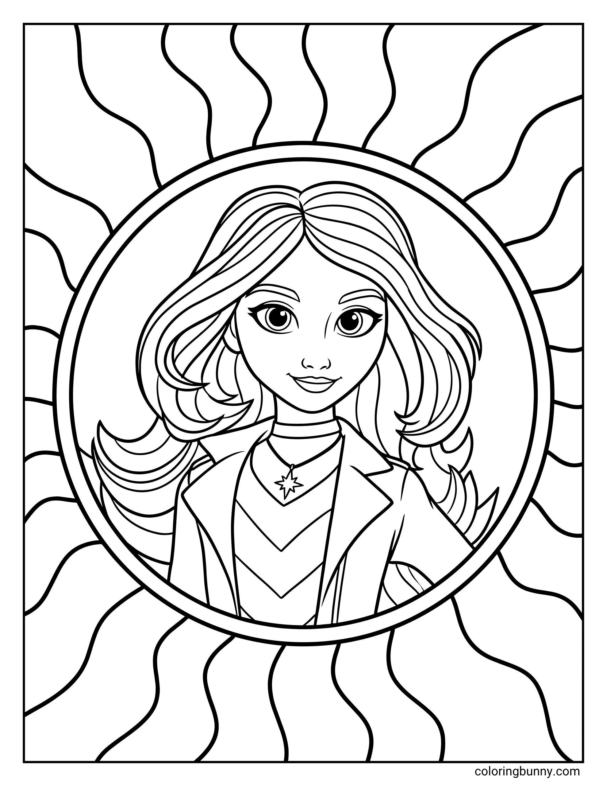 A simple coloring sheet of Sophia from Unicorn Academy, showing the character from the chest up inside a round frame with detailed hair, a necklace, and flowing background lines