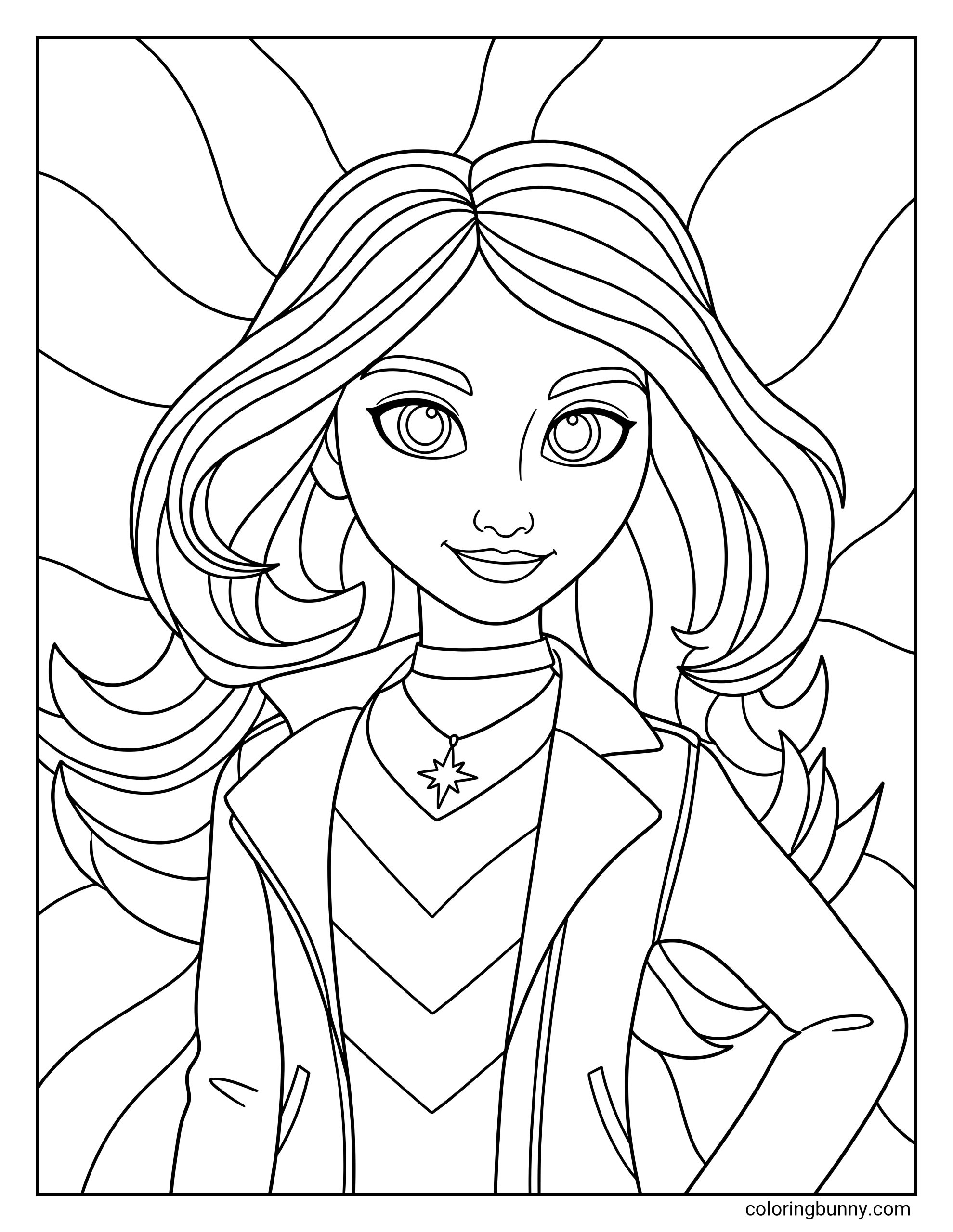 Unicorn Academy Sophia coloring page featuring Sophia with long flowing hair and a star necklace, set against a background of bold wavy lines radiating from her.