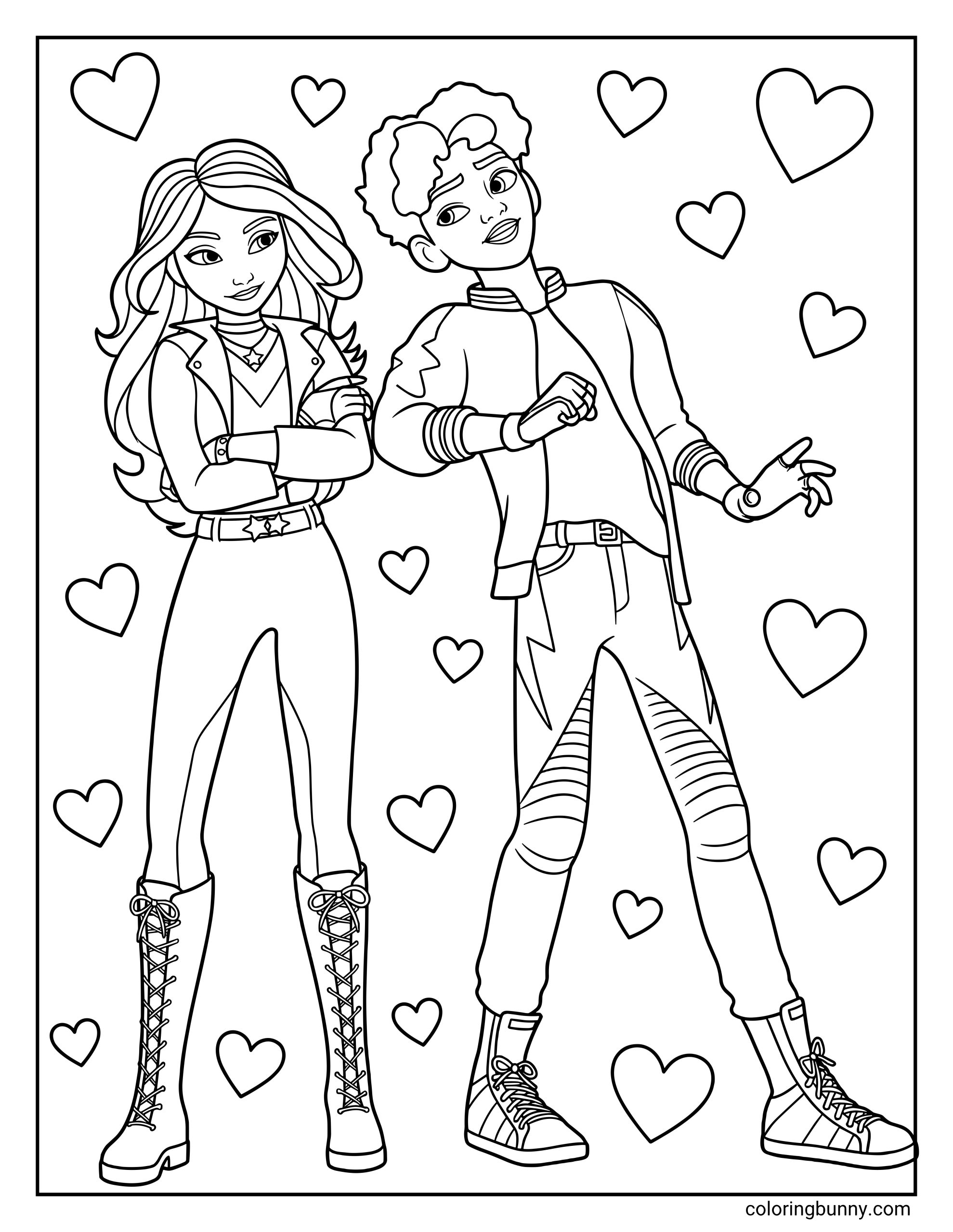 Unicorn Academy coloring page featuring Sophia with her arms crossed and Rory in a fun pose, surrounded by seventeen hearts of different sizes.
