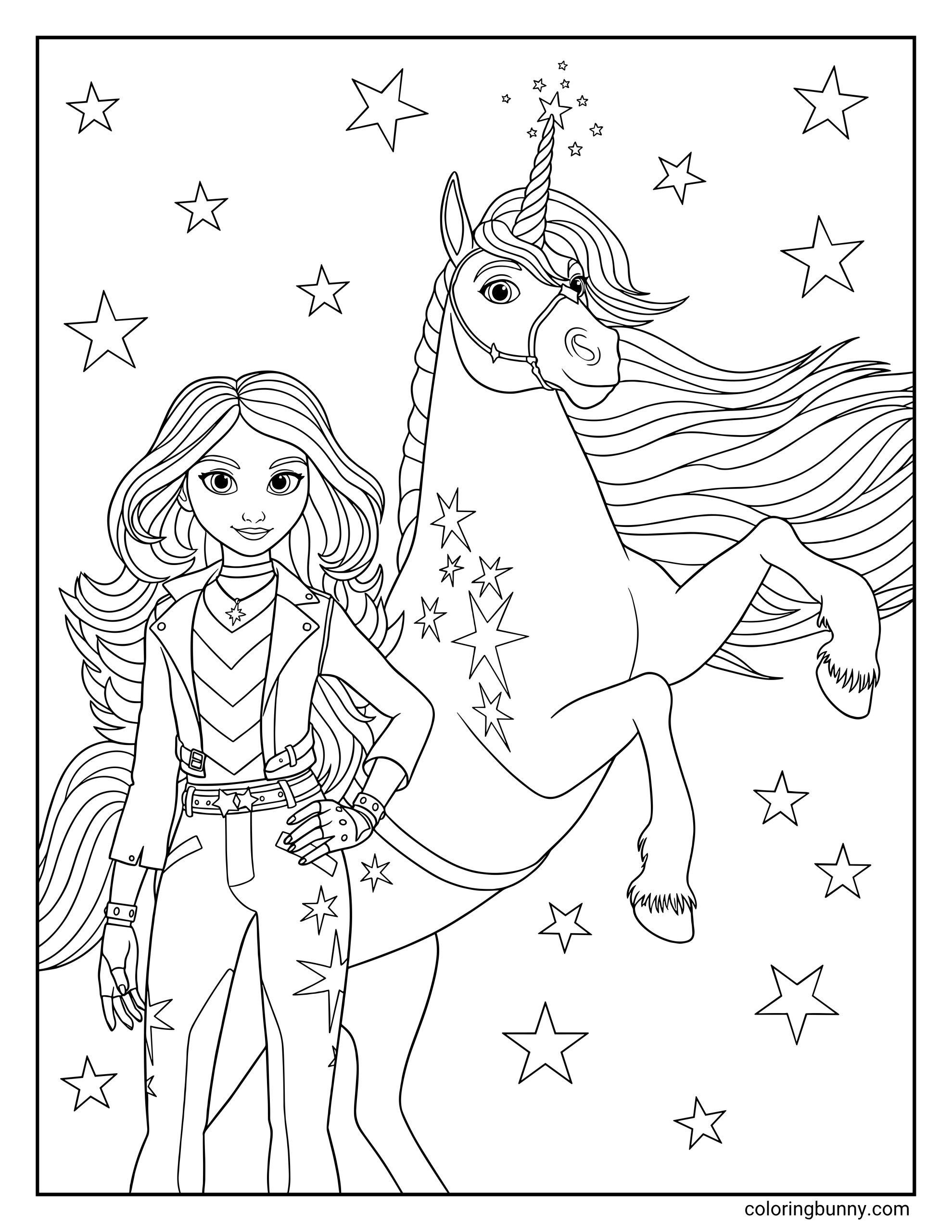 Sophia and Wildstar Unicorn Academy coloring page featuring Sophia with long wavy hair and her unicorn, Wildstar, surrounded by thirteen twinkling stars of various sizes.