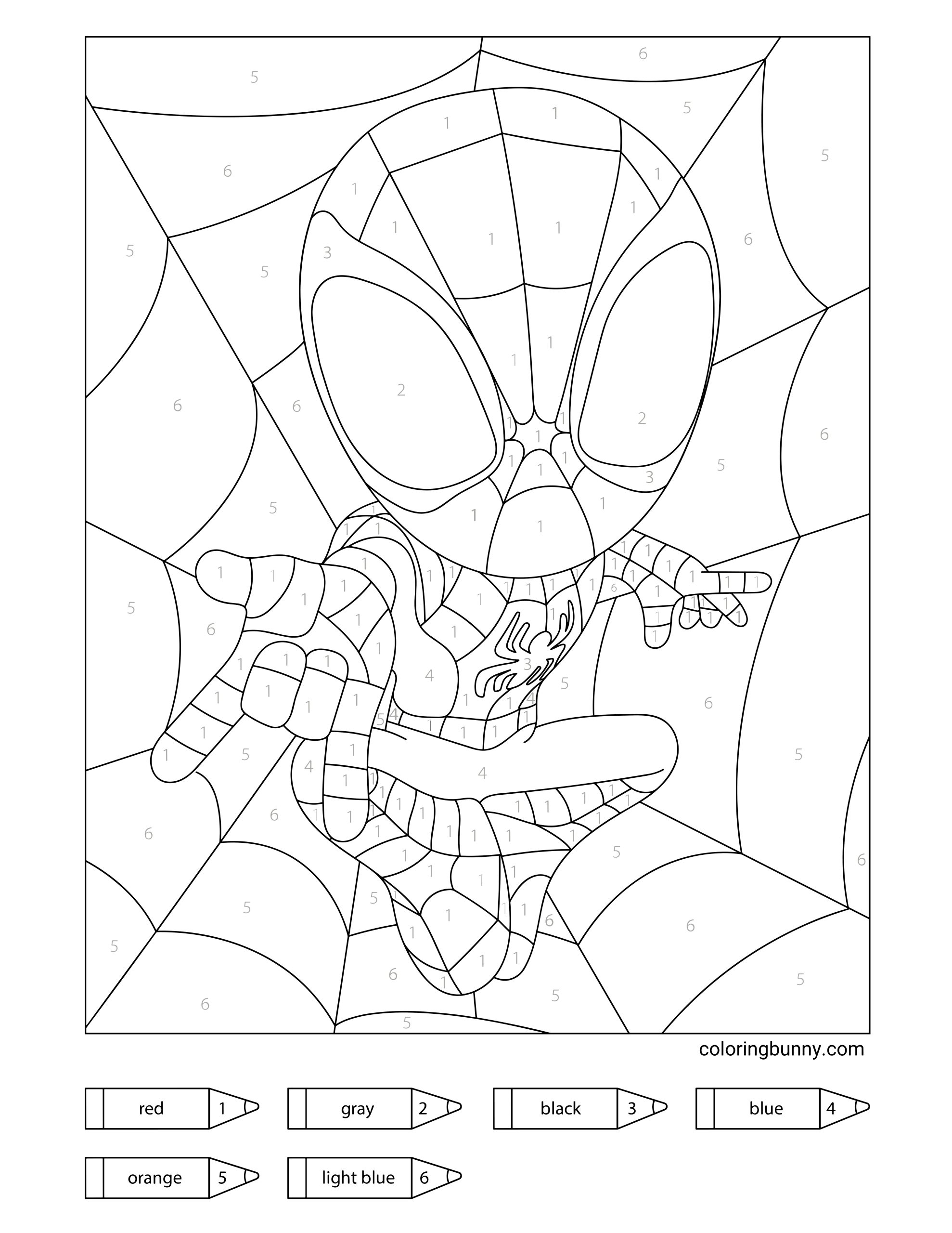 A hand-drawn Spider-Man color-by-number coloring page showing Spider-Man crouched on a web while reaching forward in a classic web-shooting pose. The page includes numbered sections across Spider-Man and the web background, with a color key at the bottom for red, gray, black, blue, orange, and light blue.