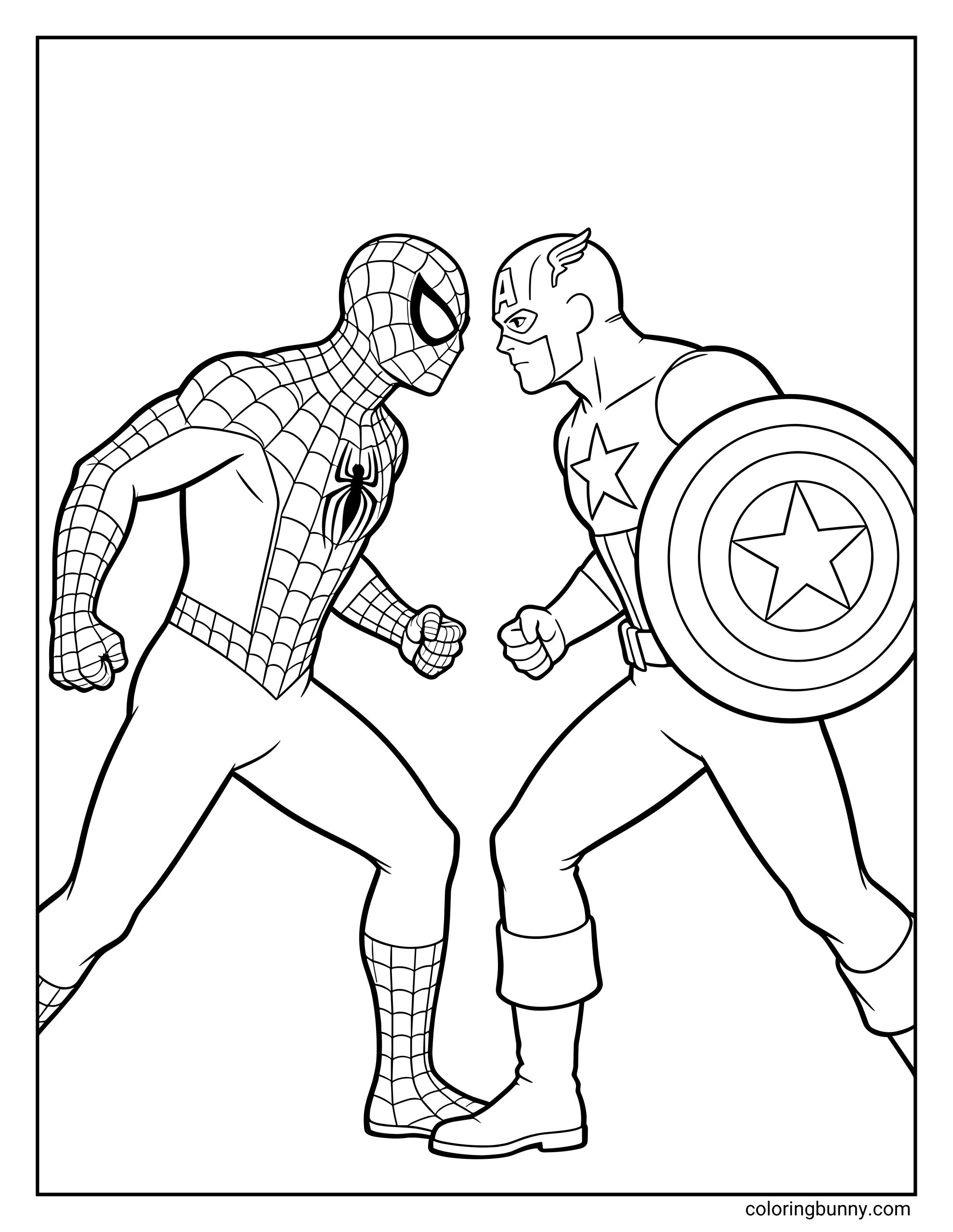 A coloring page of Spider-Man Vs Captain America in a superhero showdown, with both characters standing in fighting poses and Captain America holding his round shield.