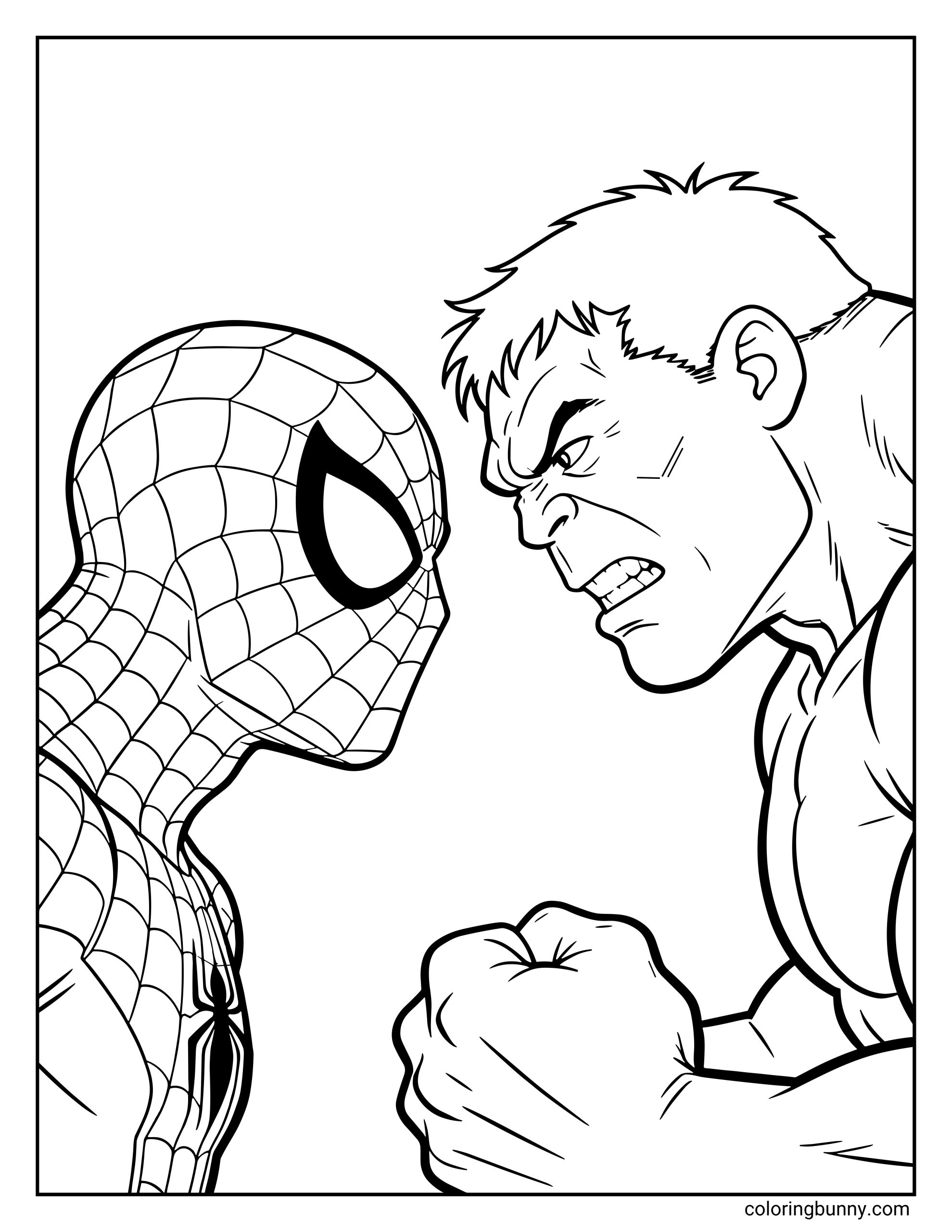 A kids coloring page of Spider-Man and Hulk in a tense face-to-face scene, featuring Spider-Man’s webbed mask and Hulk’s angry expression with muscular arms ready to fight.