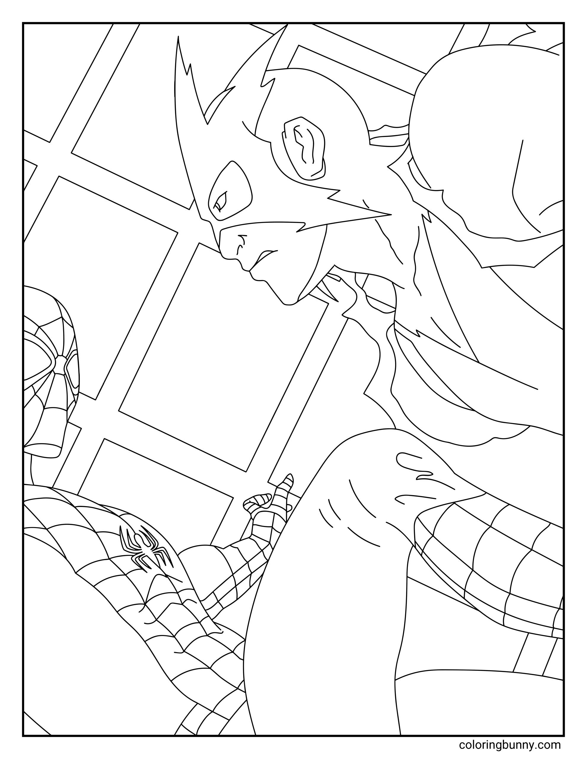 A hand-drawn Spider-Man coloring page showing Spider-Man facing off against Electro. The two characters appear high above the city skyline, with Spider-Man ready to strike while Electro unleashes his electric powers in a dramatic rooftop confrontation.