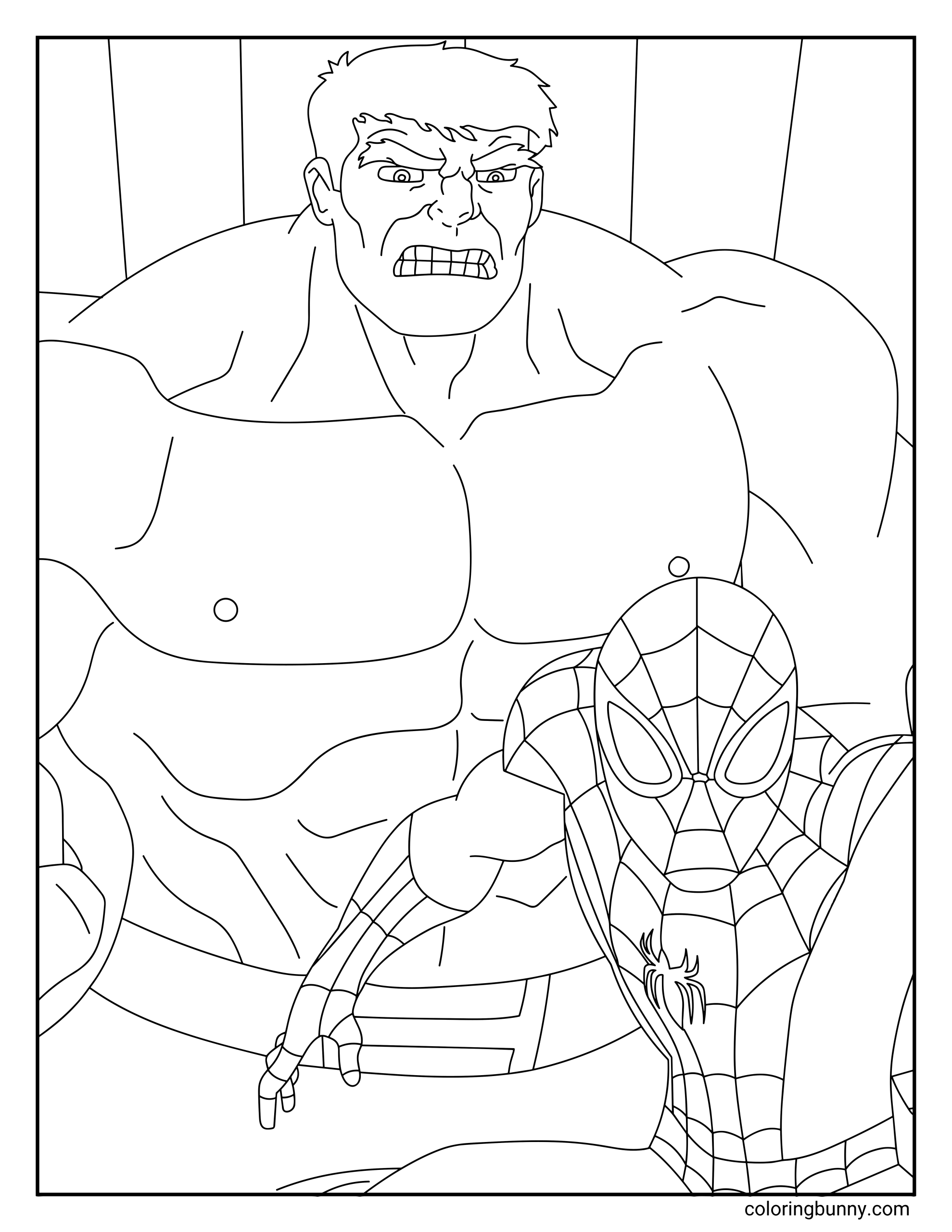 A hand-drawn Spider-Man coloring page showing Spider-Man crouched in the foreground while the Hulk towers behind him with an angry expression and massive muscles. The two Marvel heroes appear ready for a powerful showdown, with Hulk looming over Spider-Man in a tense battle moment.