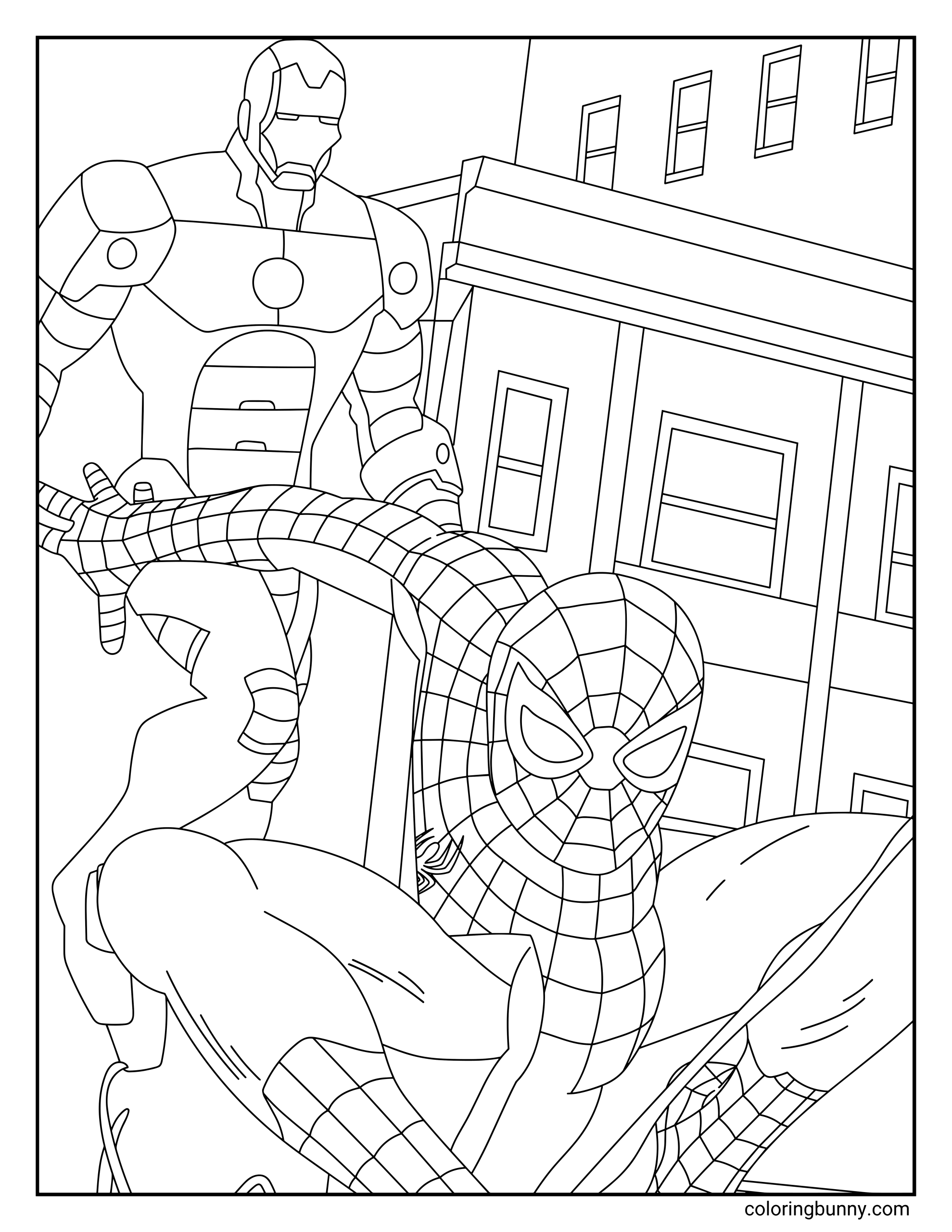 A hand-drawn Spider-Man coloring page featuring Spider-Man crouched in an action pose while Iron Man stands behind him in his armored suit. The scene takes place in a city street with buildings in the background as the two Marvel heroes prepare for a high-energy encounter.