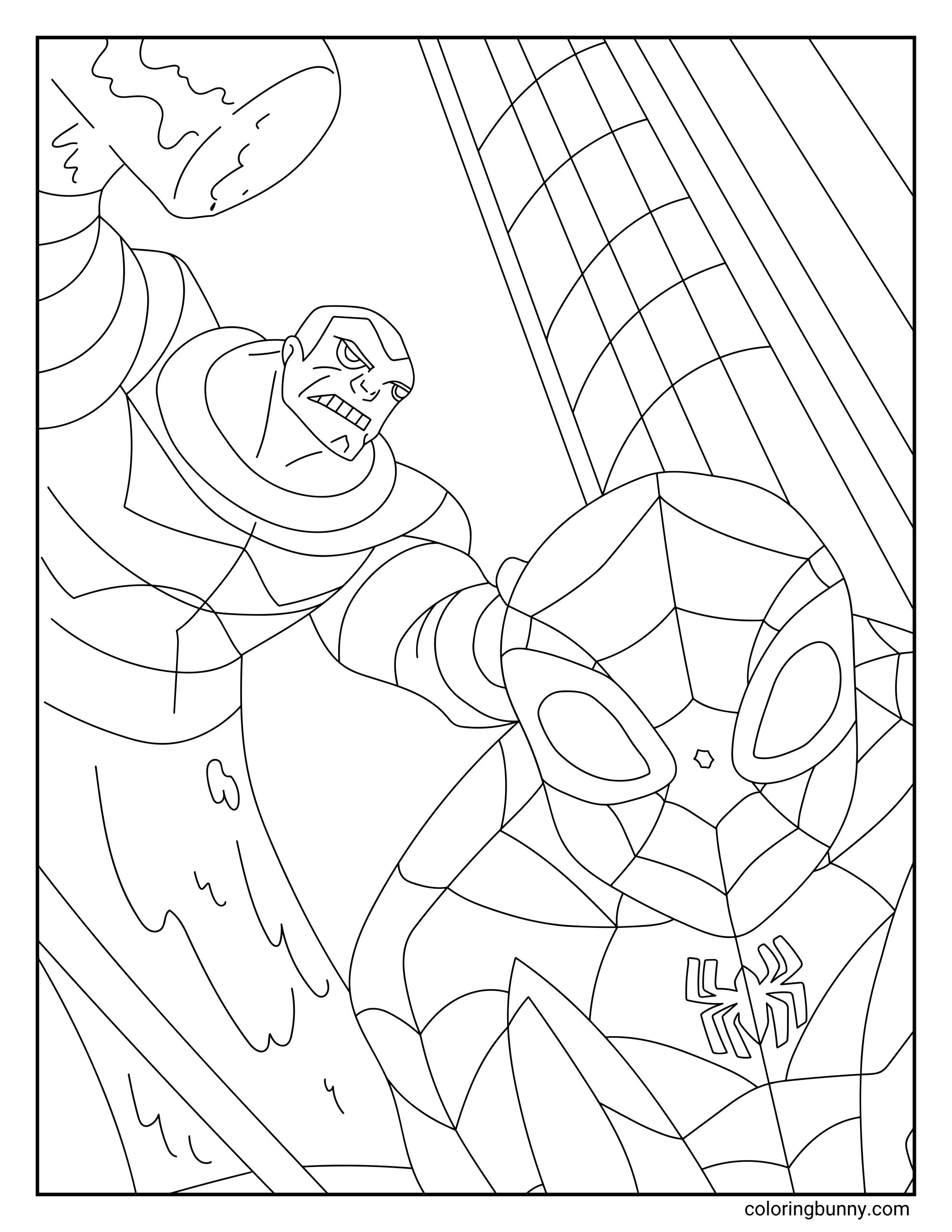 A hand-drawn Spider-Man coloring page featuring Spider-Man in the foreground while Sandman looms behind him, raising a massive sand-covered arm to attack. The battle takes place among tall city buildings as Spider-Man prepares to react to the powerful sand villain.