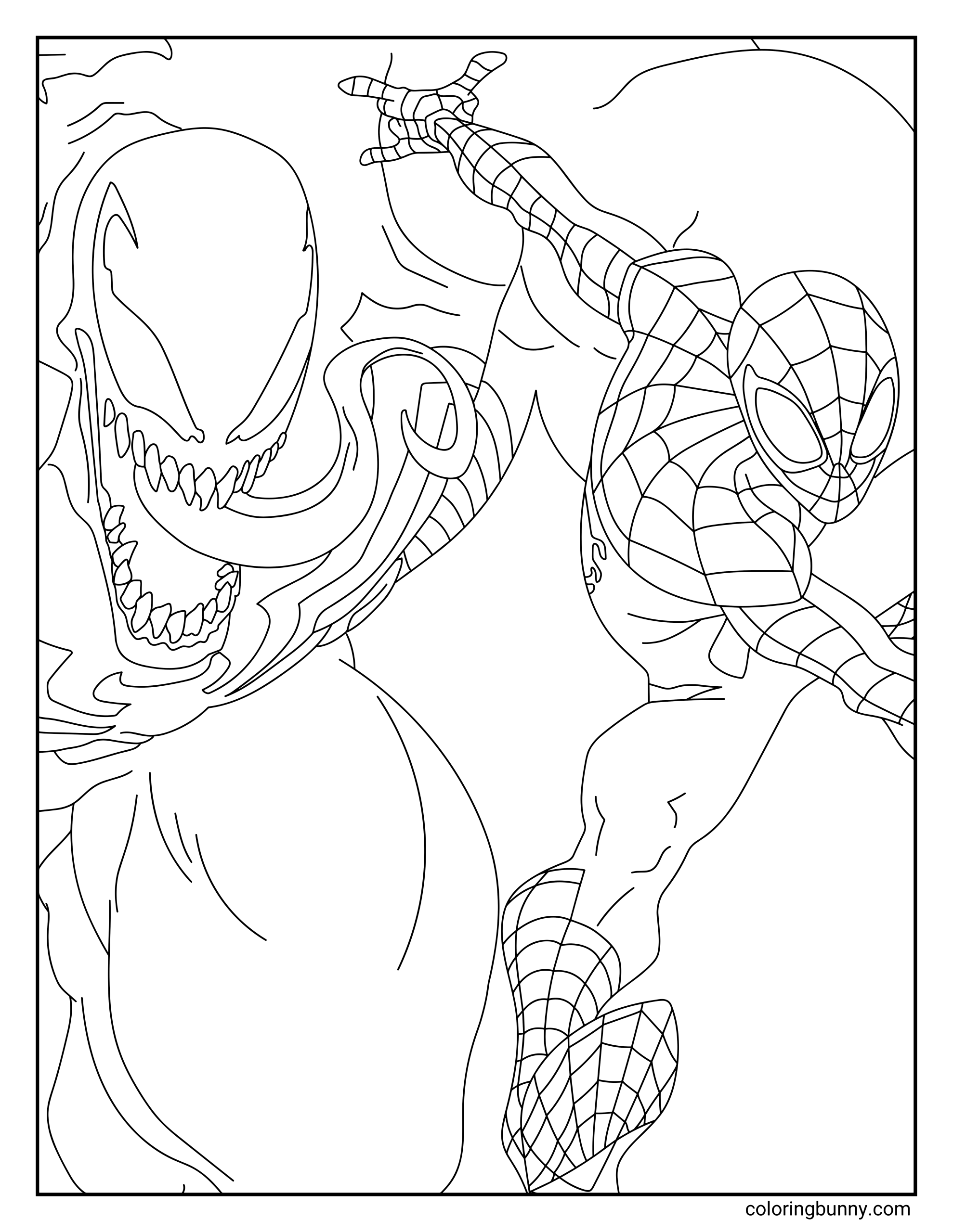 A hand-drawn Spider-Man coloring page showing Spider-Man leaping forward while Venom snarls beside him with a wide mouth full of sharp teeth and a long curling tongue. The two characters appear locked in an intense battle as Spider-Man reaches out to fire a web.