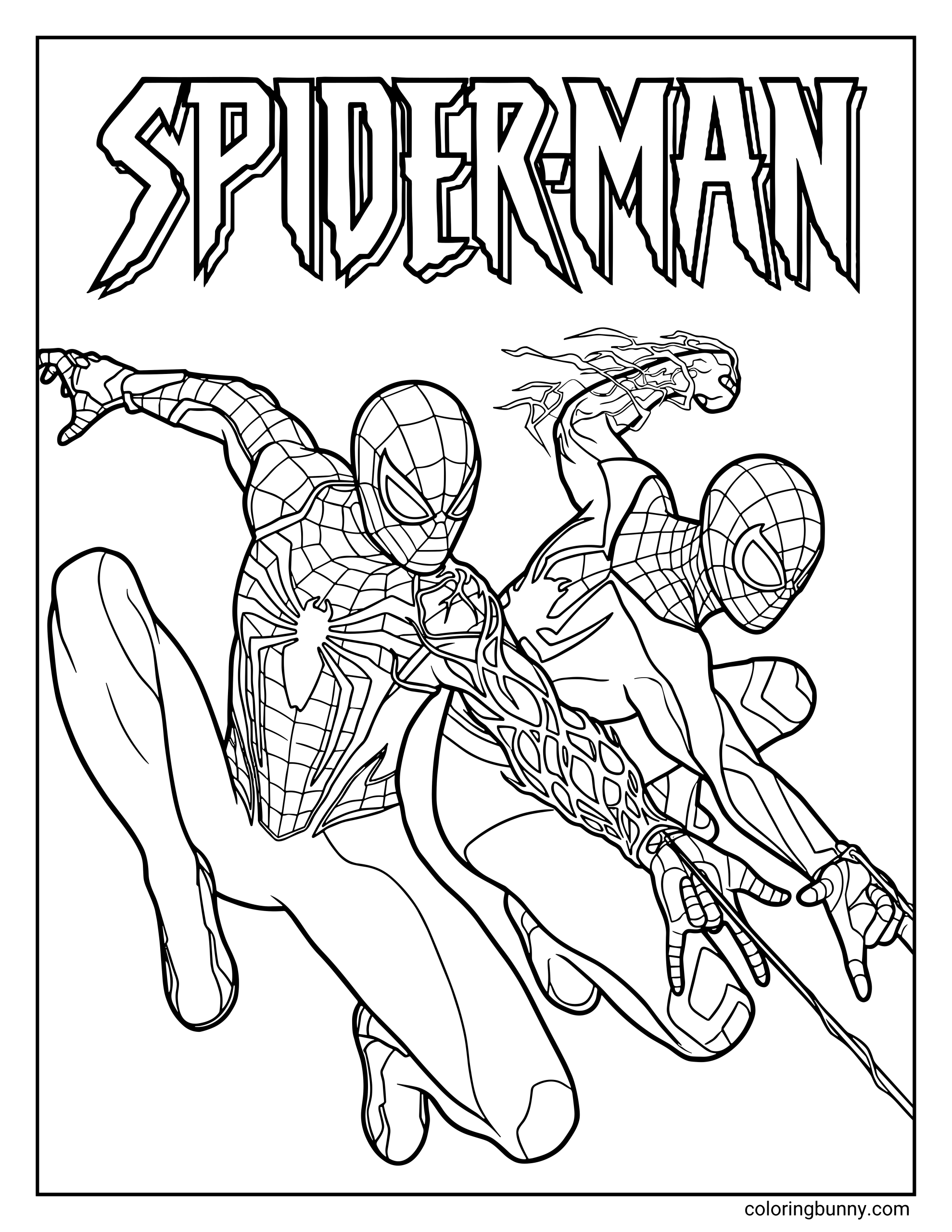 A dynamic Spider-Man coloring page featuring two versions of Spider-Man leaping forward in action poses, one in the classic suit and one in a symbiote-style suit, with bold web patterns and dramatic movement lines.