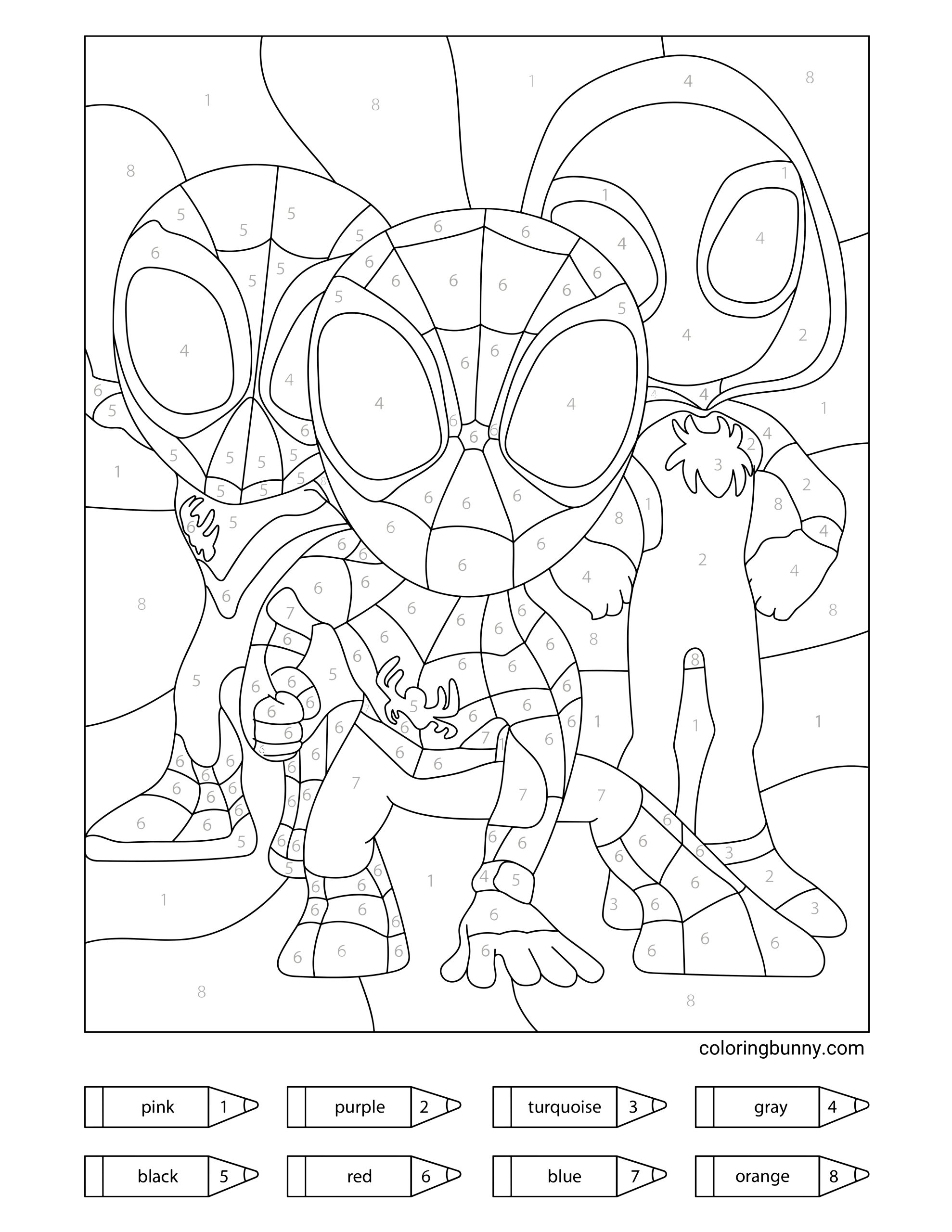A hand-drawn Spidey and His Amazing Friends color-by-number coloring page featuring Spidey in the center with Ghost-Spider and Miles Morales standing behind him. The page includes numbered sections across the characters and background, along with a color key at the bottom for pink, purple, turquoise, gray, black, red, blue, and orange.