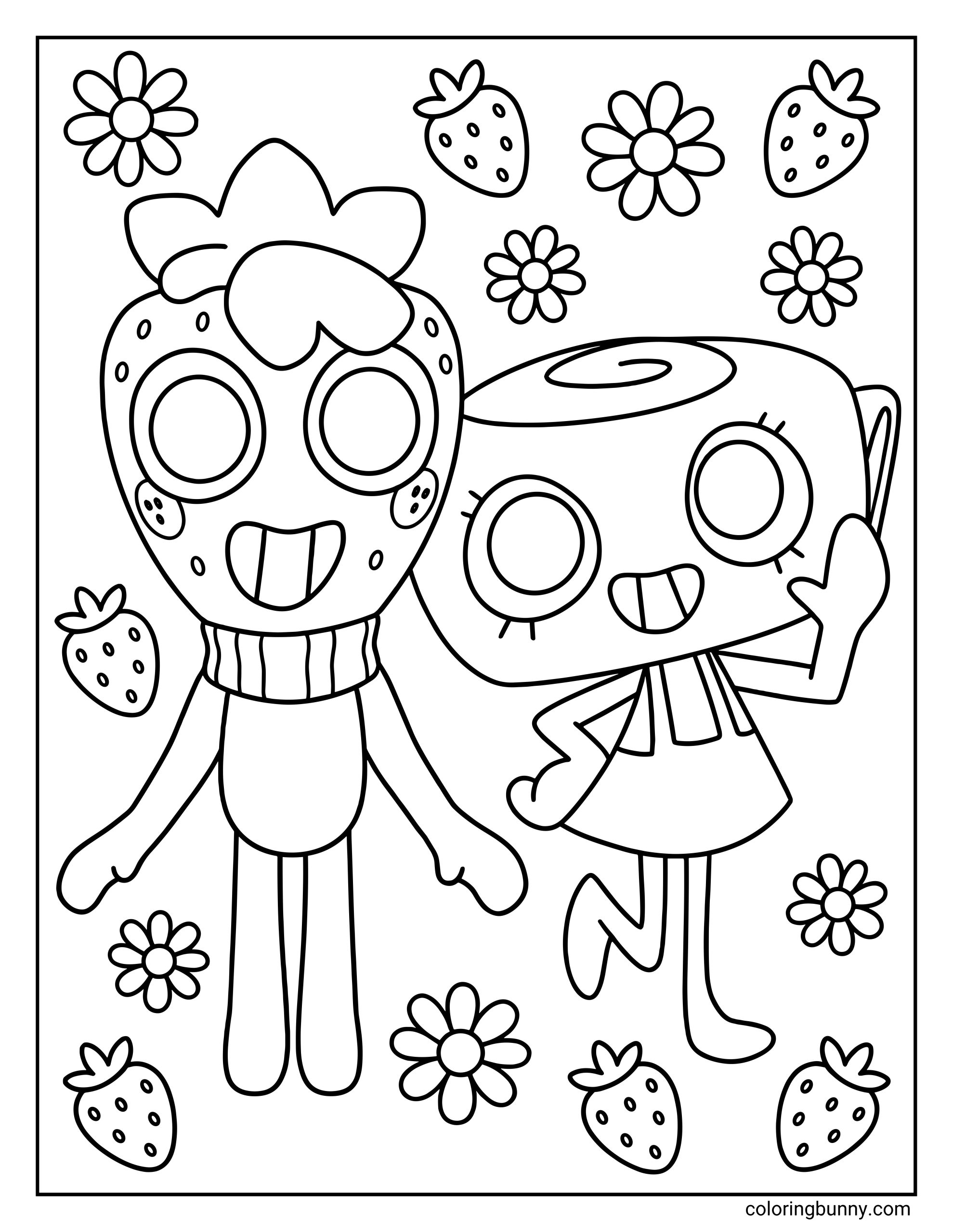 A coloring page featuring Sprout and Shelly from Dandy’s World standing side by side, with flowers and strawberries scattered around them in a playful black-and-white design.