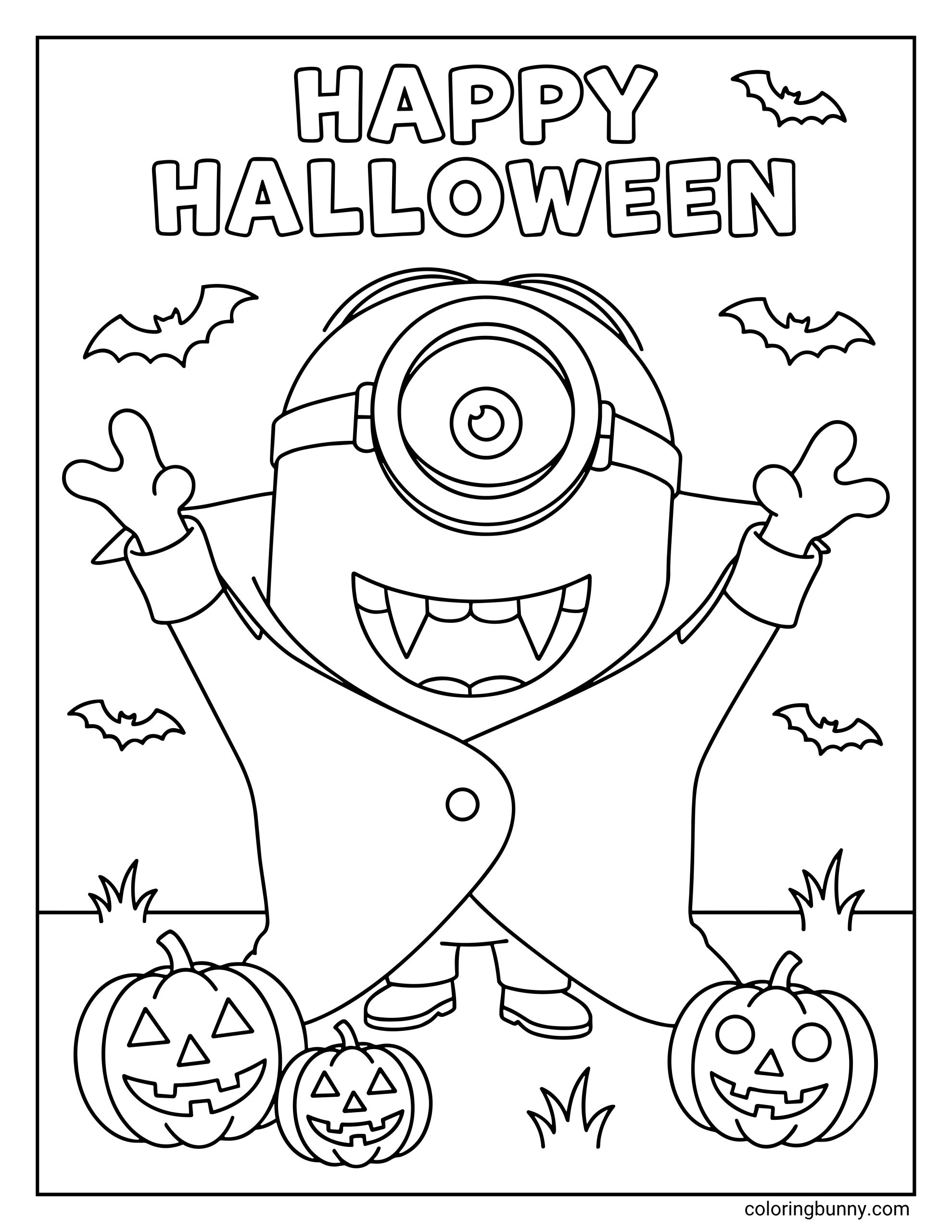 A Halloween Minions coloring page featuring Stuart dressed as Dracula, wearing a cape and showing vampire fangs. Pumpkins, bats, and a “Happy Halloween” sign surround him as he raises his arms in a spooky pose.