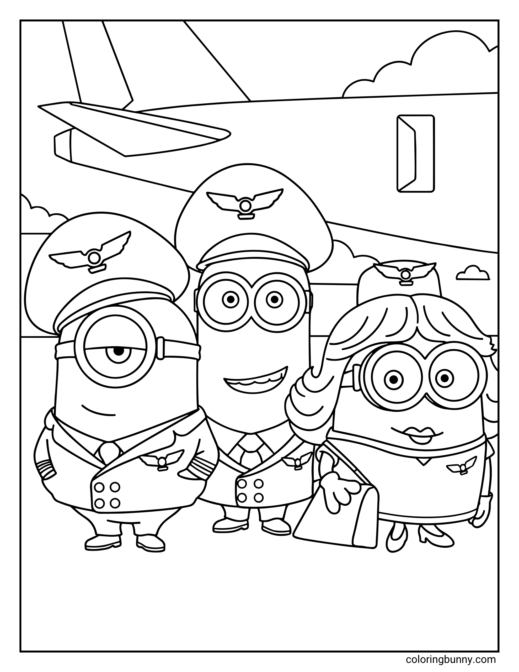 A coloring page from Minions: The Rise of Gru featuring Stuart and Kevin in pilot uniforms and hats, standing next to Bob, who is disguised as a flight attendant with a wig and handbag. They are posing confidently on the runway in front of a large airplane, ready for their next big adventure.