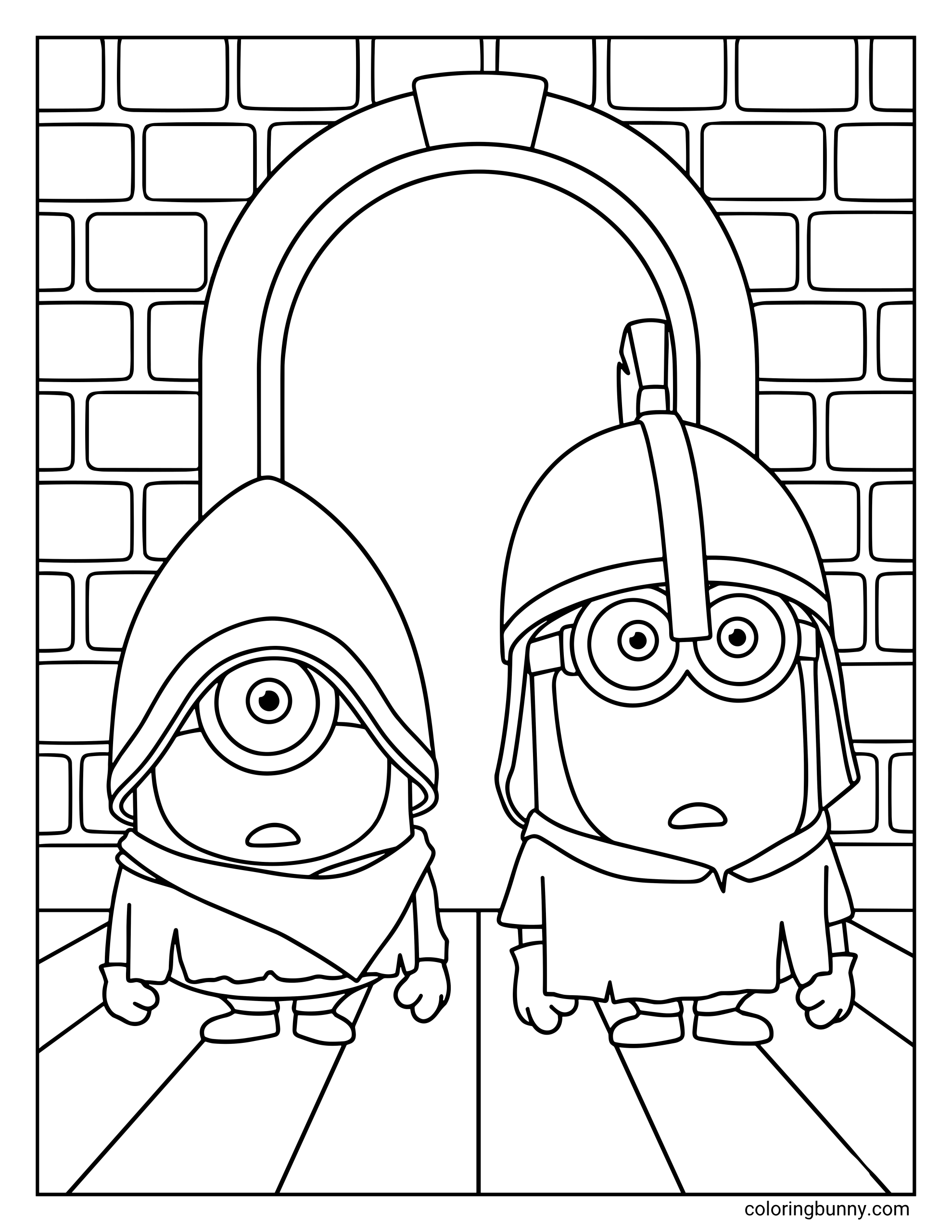 A Minions coloring page featuring Stuart and Kevin from Minions & Monsters dressed in medieval outfits, standing in a stone castle doorway. Stuart wears a hooded cloak while Kevin wears a helmet, and both look surprised.