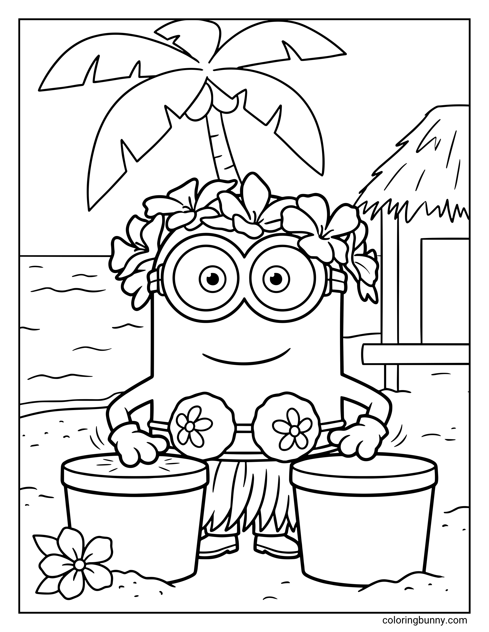 A coloring page from the Minions film showing Stuart dressed in a hula grass skirt, a flower crown, and a coconut top on a tropical beach. He is happily playing a pair of drums in front of a palm tree and a tiki hut, with the ocean waves in the background.