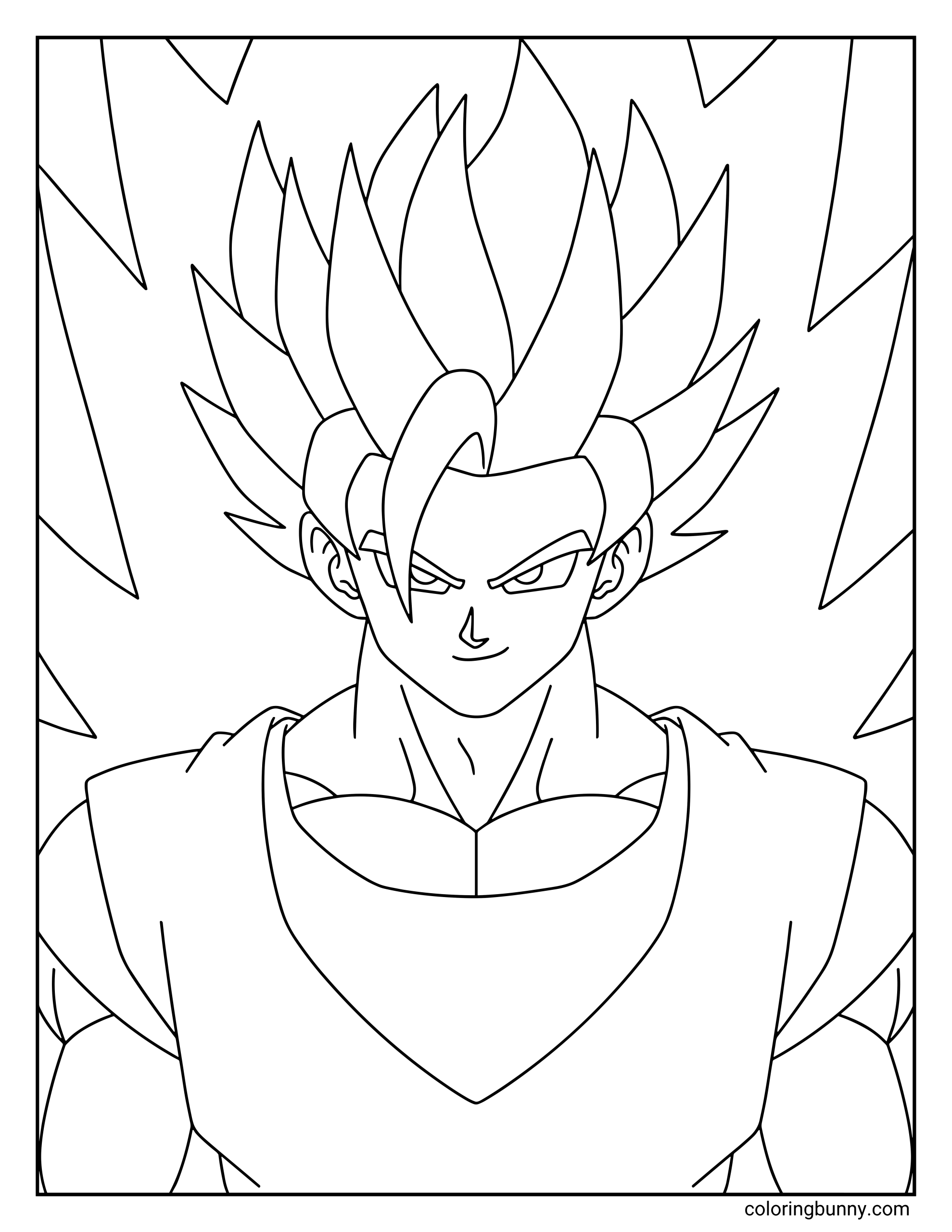 A simple Dragon Ball Z coloring page featuring Super Saiyan 2 Goku in a close-up portrait with his spiky golden hair rising sharply upward. Lightning-shaped energy surrounds him as he smirks confidently, showing the powerful Saiyan warrior ready for battle.