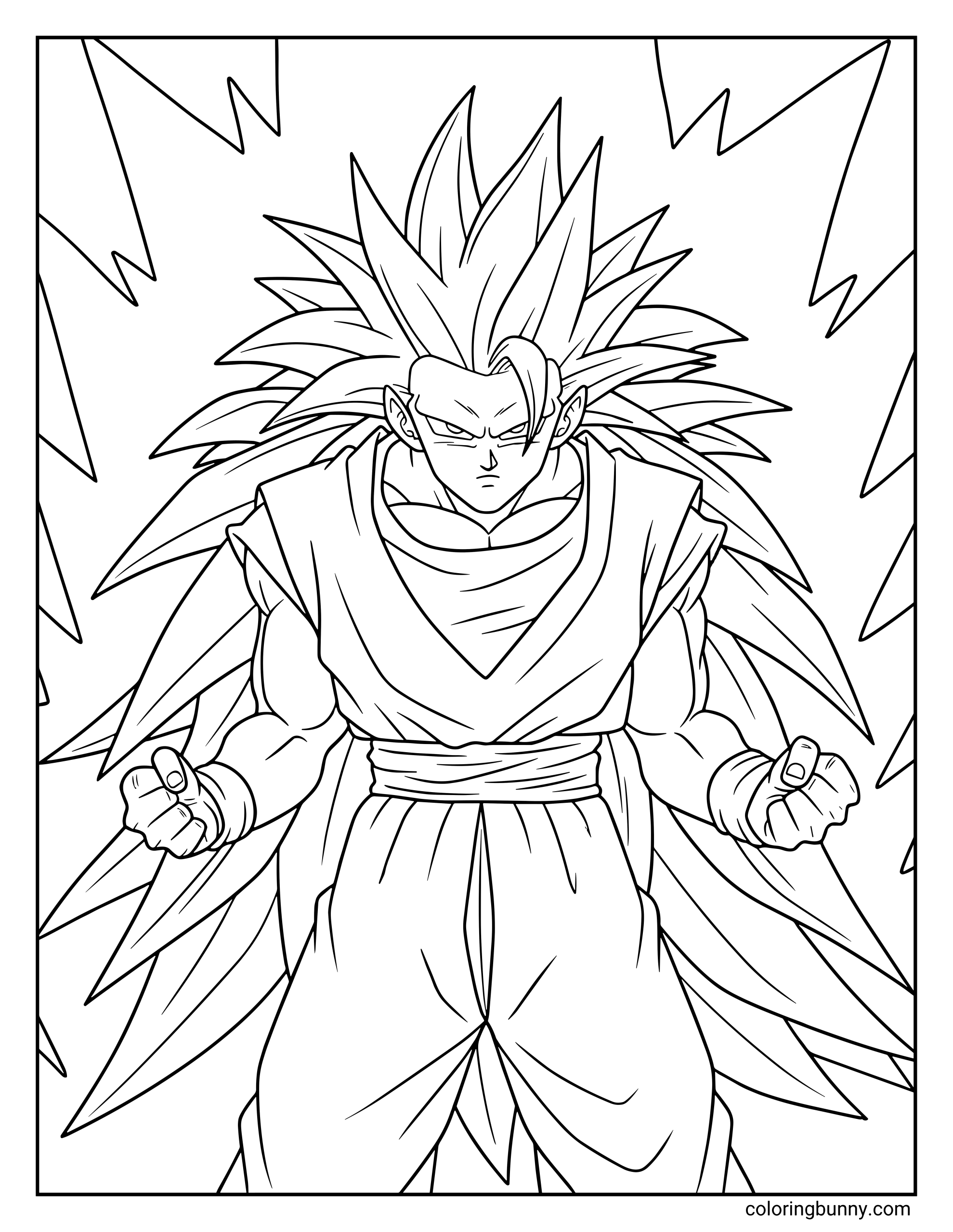 A Dragon Ball Z coloring page featuring Super Saiyan 3 Goku standing with extremely long flowing hair and a powerful aura crackling around him. His intense expression and massive Saiyan transformation capture the moment he unleashes one of his strongest power-ups.