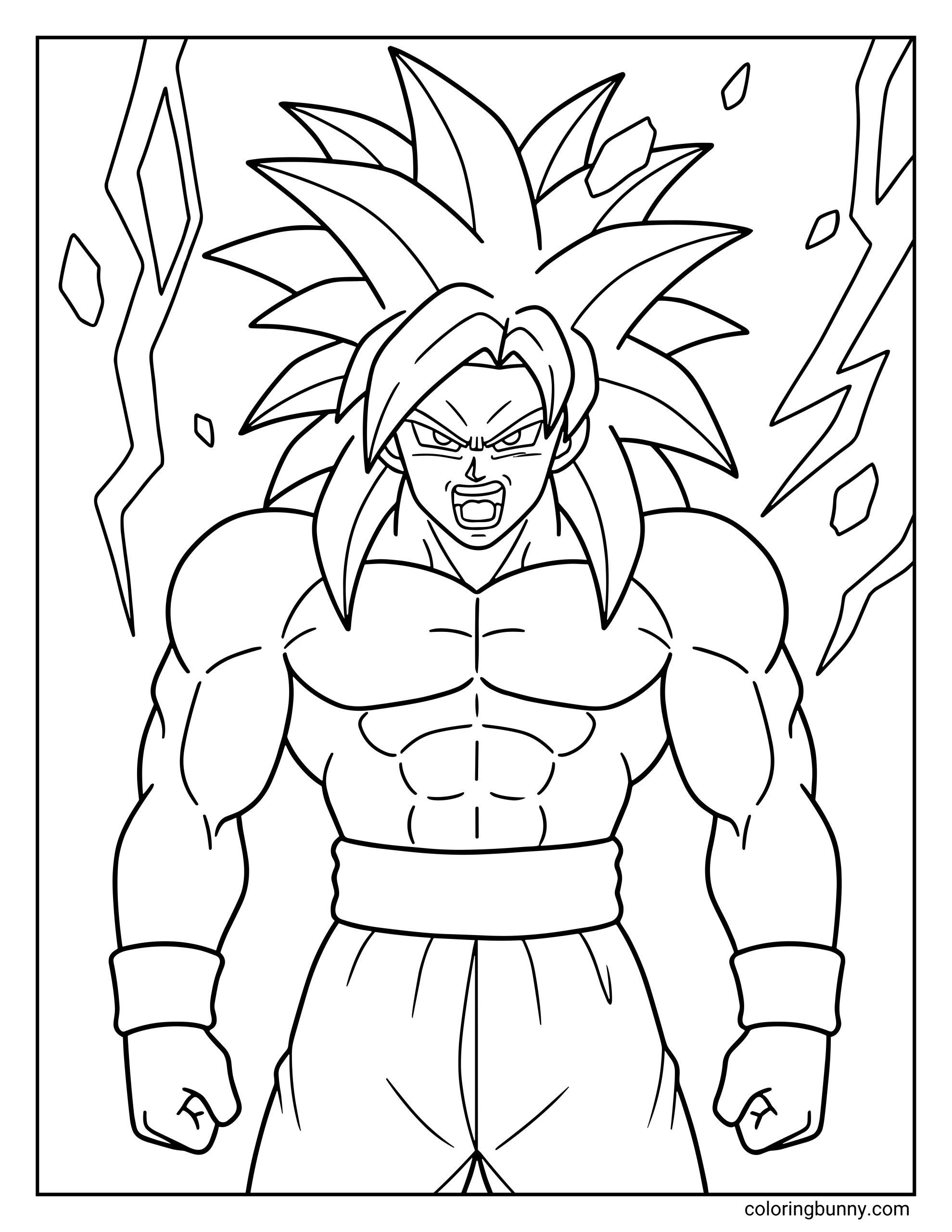 A simple Dragon Ball Z coloring page featuring Super Saiyan 4 Goku roaring as lightning and floating rocks surround him. His long wild hair and muscular form capture the powerful Saiyan transformation as energy bursts around him during an intense battle.