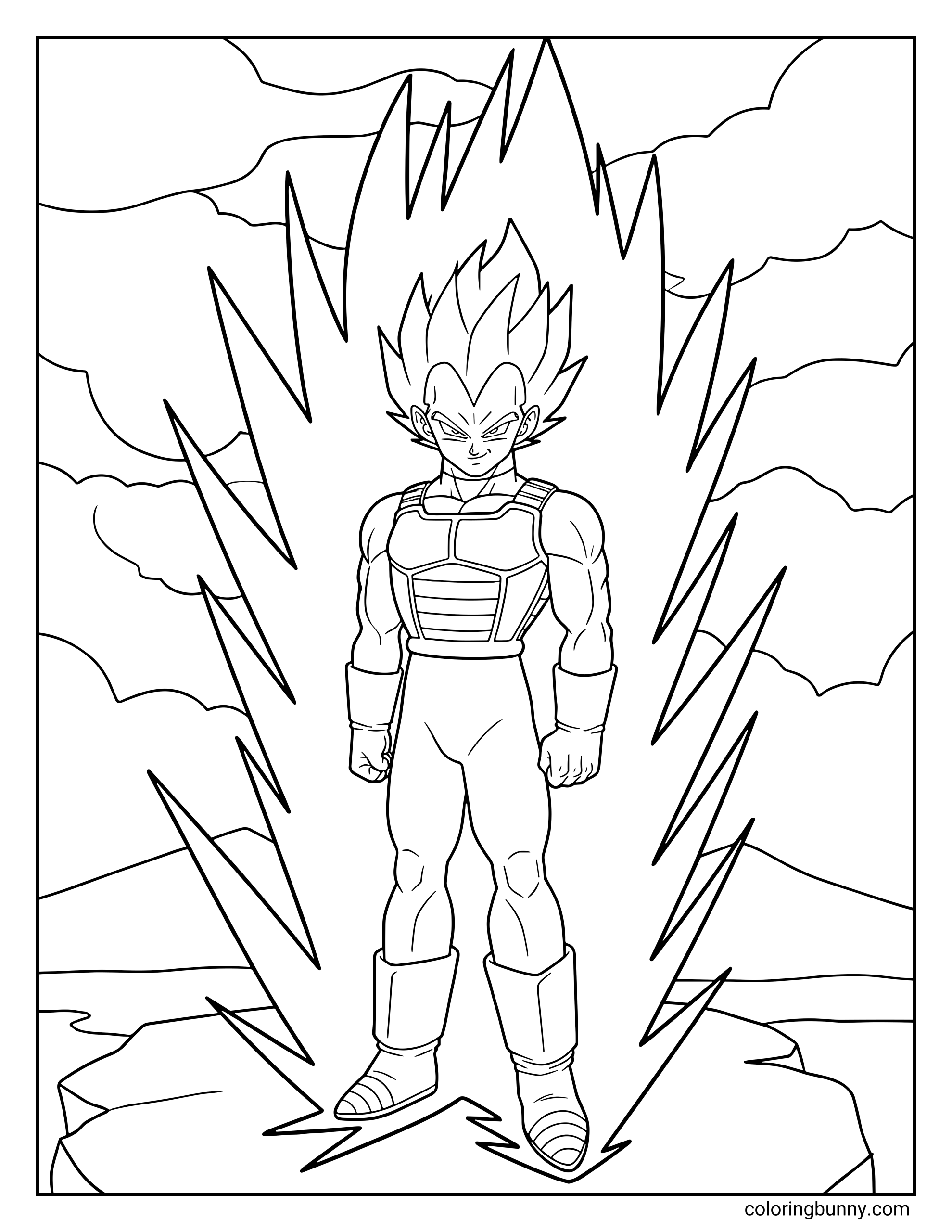 A Dragon Ball Z coloring page featuring Vegeta powering up in his Super Saiyan form. The Saiyan prince stands confidently with lightning and a blazing energy aura surrounding him as he prepares for battle.