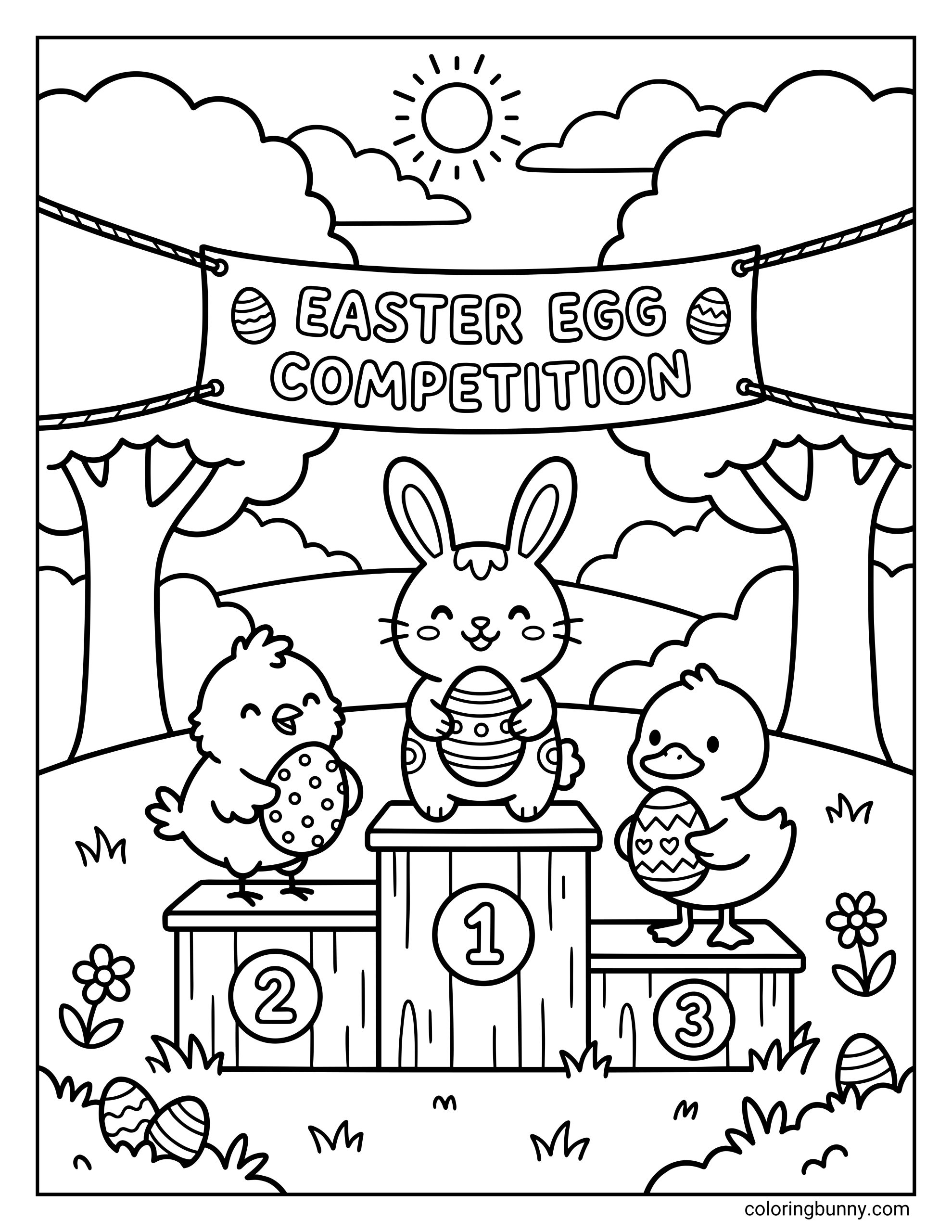 A coloring sheet of an Easter egg competition, featuring a happy bunny, chick, and duckling proudly displaying their decorated eggs on a numbered wooden podium beneath a large banner and a bright sun.