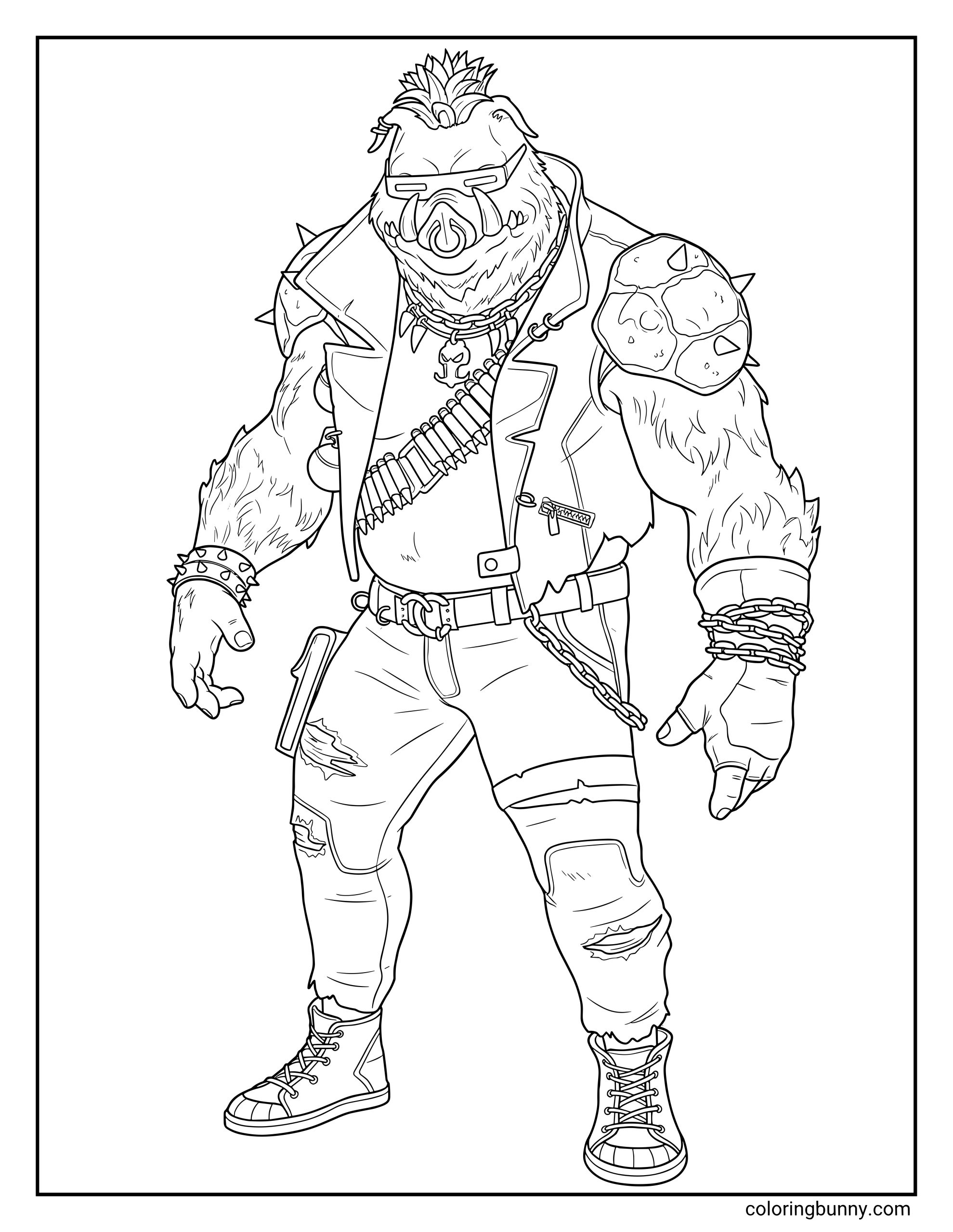 A coloring page of Bebop from Teenage Mutant Ninja Turtles, featuring the mutant boar standing upright in a tough battle stance with sunglasses, a spiked shoulder pad, chain accessories, torn clothing, and a plain background.