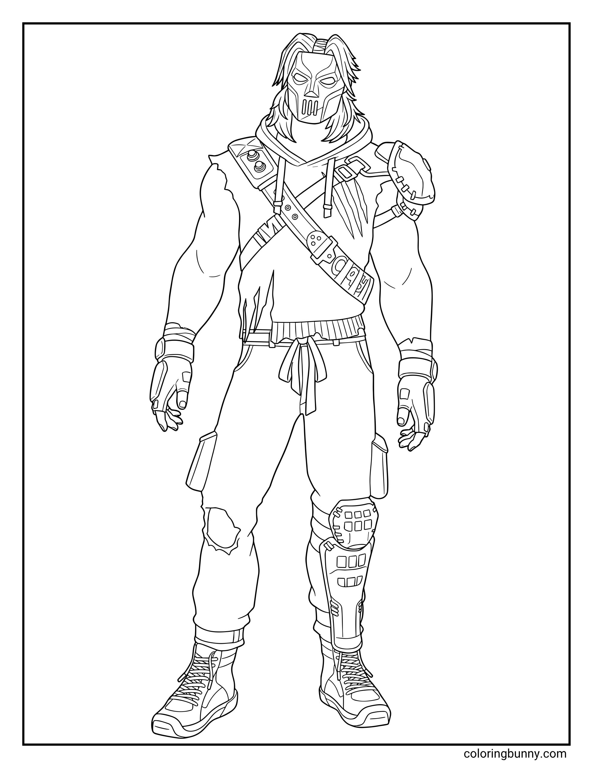 Teenage Mutant Ninja Turtles Casey Jones coloring page showing Casey Jones standing in a full-body pose, wearing his hockey-style mask, long hair, sleeveless hoodie, shoulder armor, gloves, cargo pants, knee pads, and sneakers