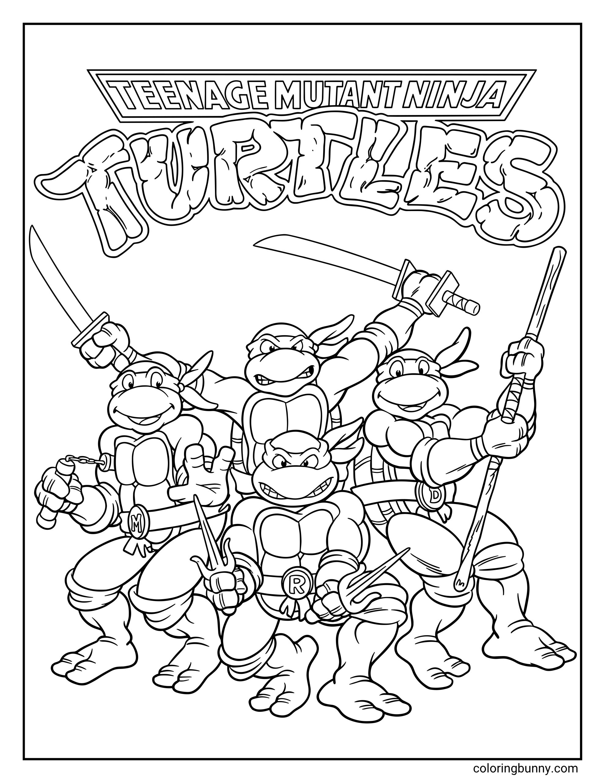 Teenage Mutant Ninja Turtles coloring page featuring Leonardo, Raphael, Michelangelo, and Donatello grouped together in an action pose beneath the “Teenage Mutant Ninja Turtles” logo, each holding their signature weapon in a bold black-and-white design.