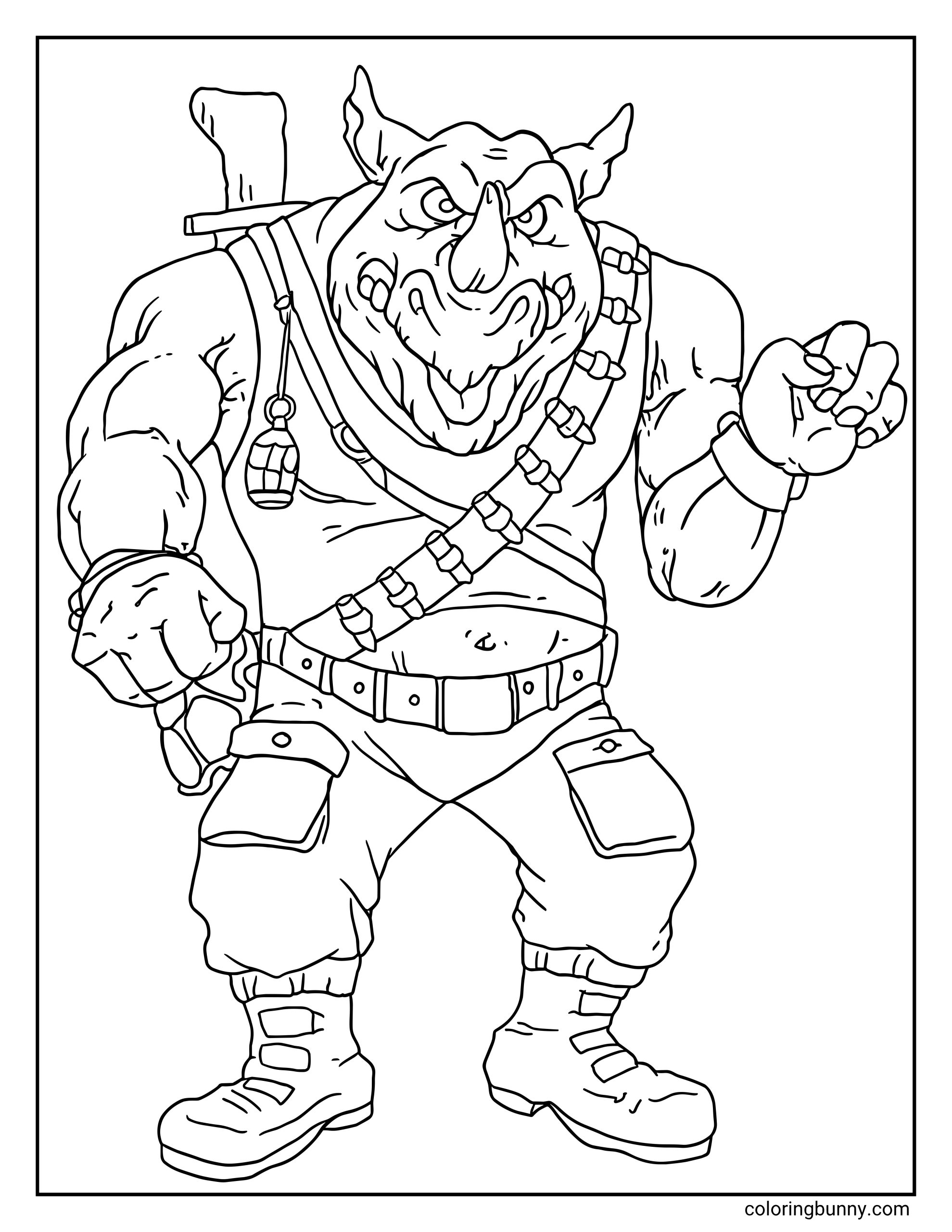 A coloring page of Rocksteady from Teenage Mutant Ninja Turtles, featuring the mutant rhino standing upright in a tough battle stance with a bandolier, grenade, belt, cargo pockets, boots, and a plain background.