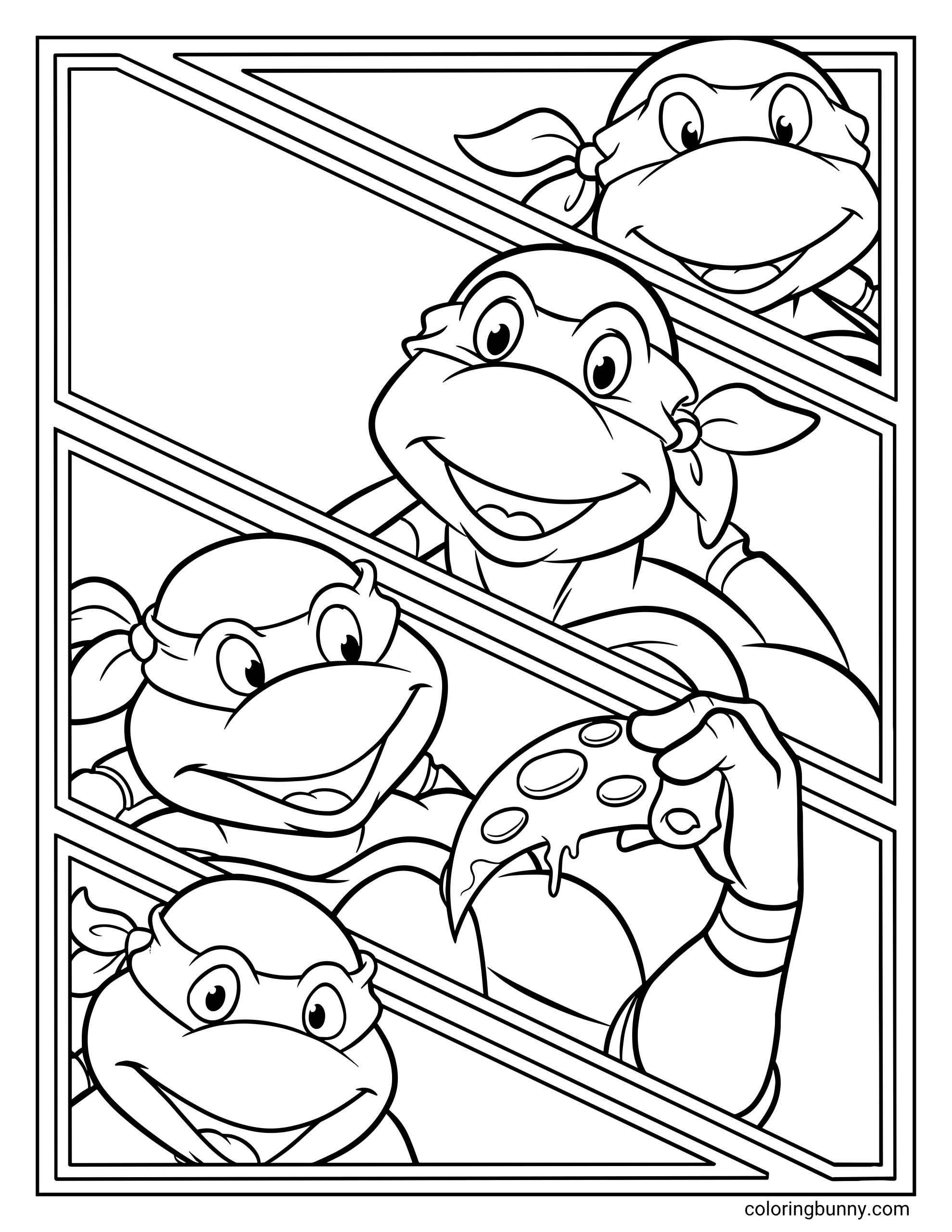 A coloring page of the Teenage Mutant Ninja Turtles in a poster-style layout, featuring Leonardo, Michelangelo, Donatello, and Raphael in separate angled sections, with one turtle holding a pizza slice in the foreground.