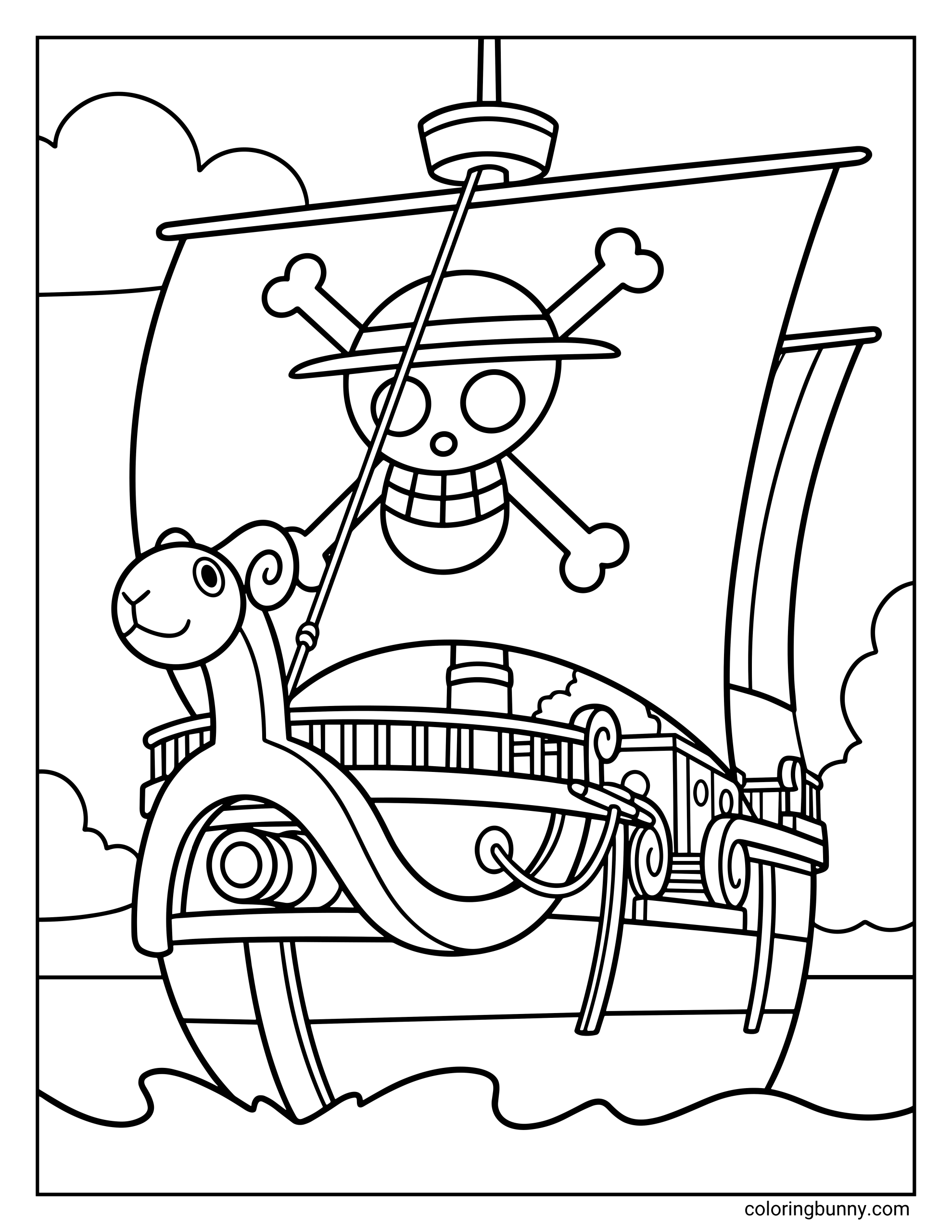 A One Piece coloring page showing the Going Merry, the Straw Hat Pirates’ first ship, sailing across the ocean. The ship features its iconic sheep figurehead at the bow and a large sail displaying the Straw Hat Jolly Roger with Luffy’s straw hat and crossed bones.
