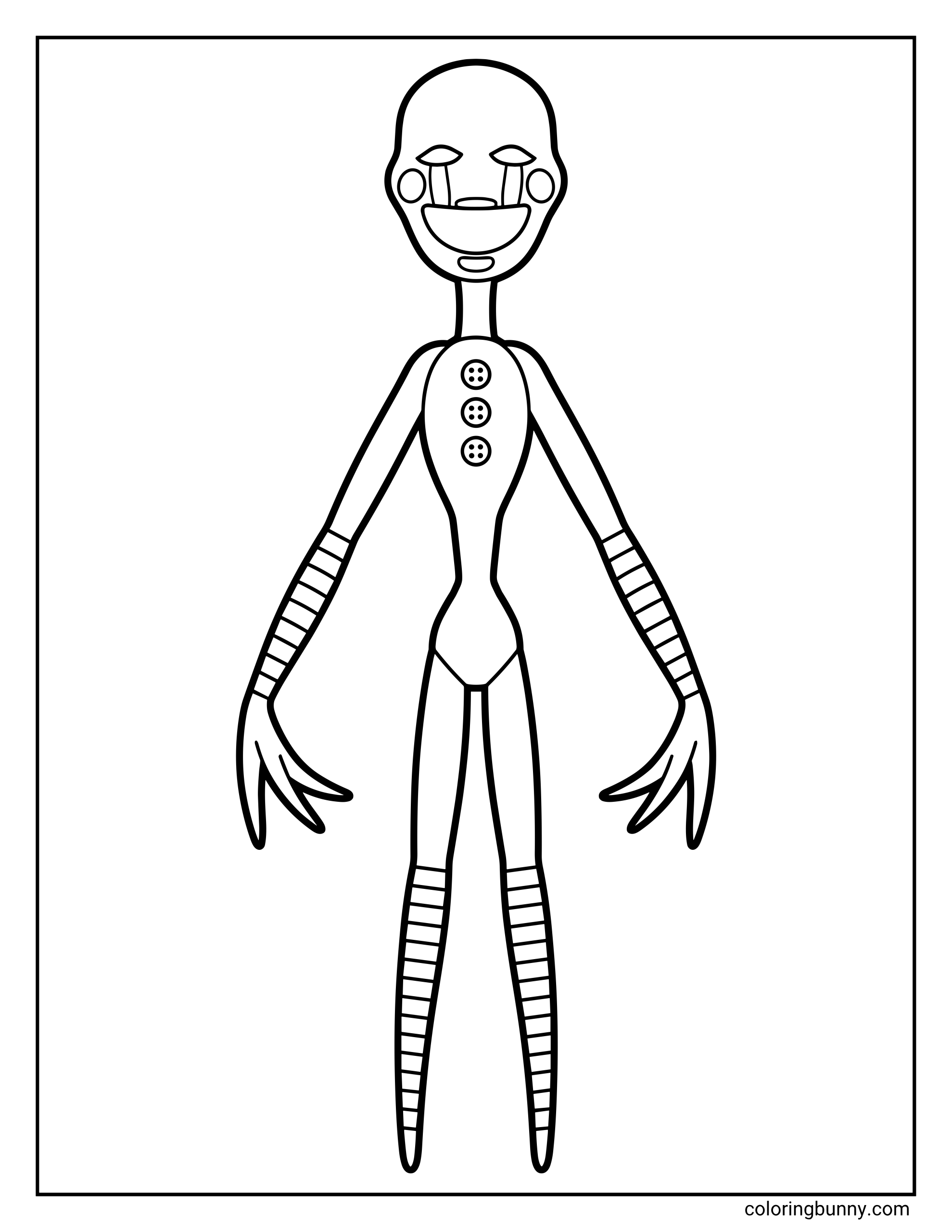 Puppet FNAF coloring page featuring the tall, thin character with a masked face, three buttons on its chest, and striped limbs.