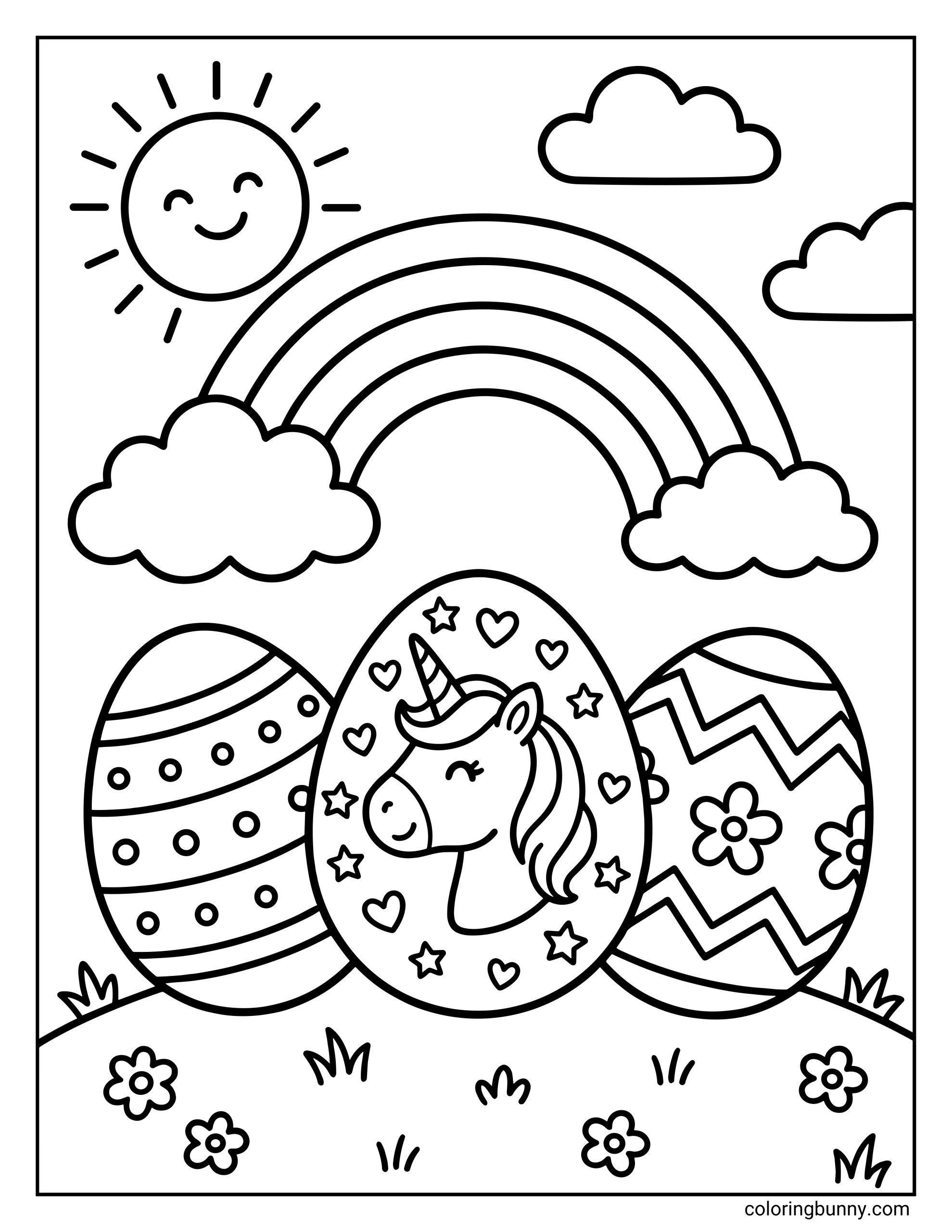 An easy Easter coloring sheet of three large decorated Easter eggs on a grassy hill, featuring a special unicorn design on the middle egg under a happy sun and a bright rainbow.