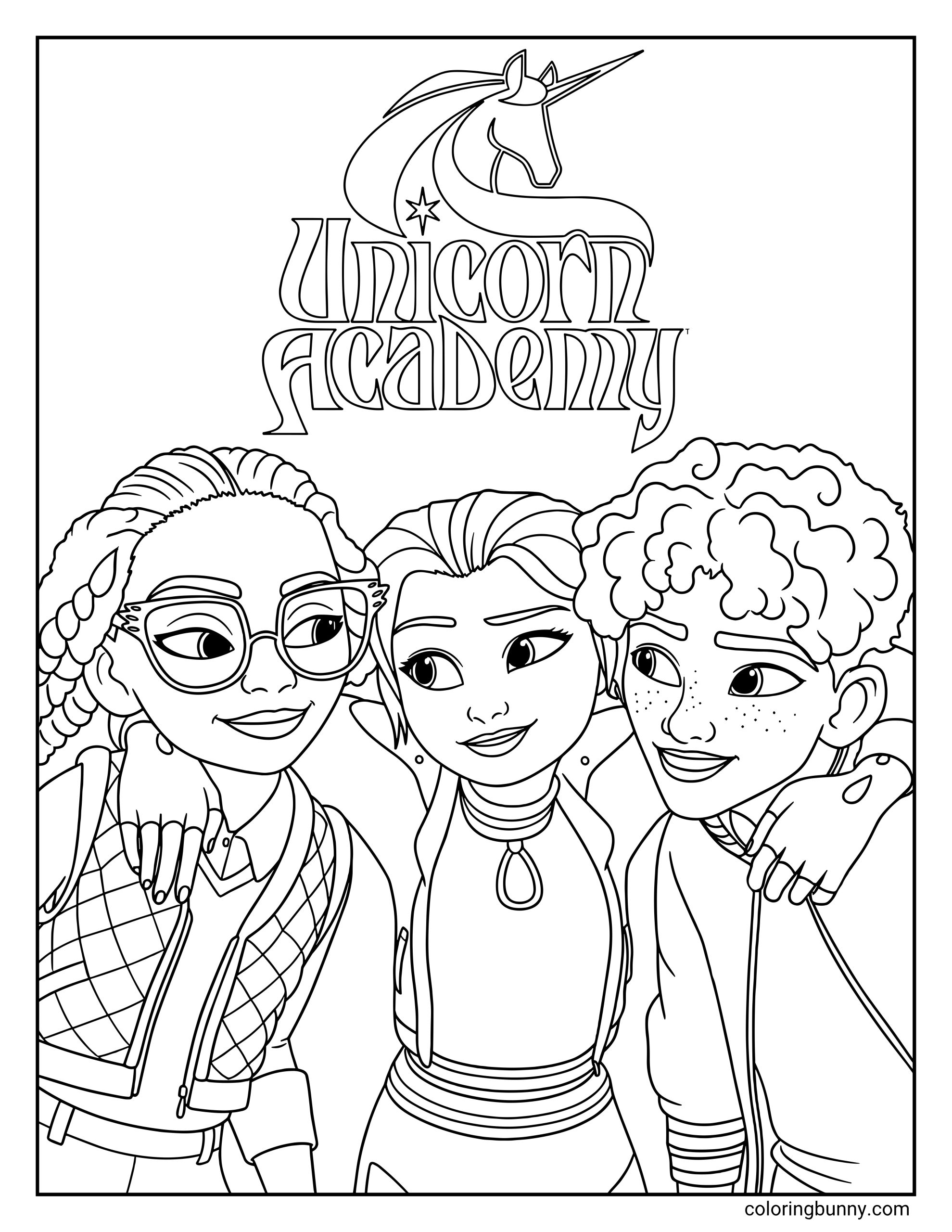 Unicorn Academy coloring page featuring characters Layla, Isabel, and Rory with their arms around each other under the show's logo.